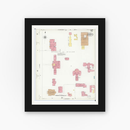 Old map wall art mockup — black gallery frame with white mat — Sanborn Fire Insurance Map from Ann Arbor, Washtenaw County, Michigan (1908), Sheet #0017