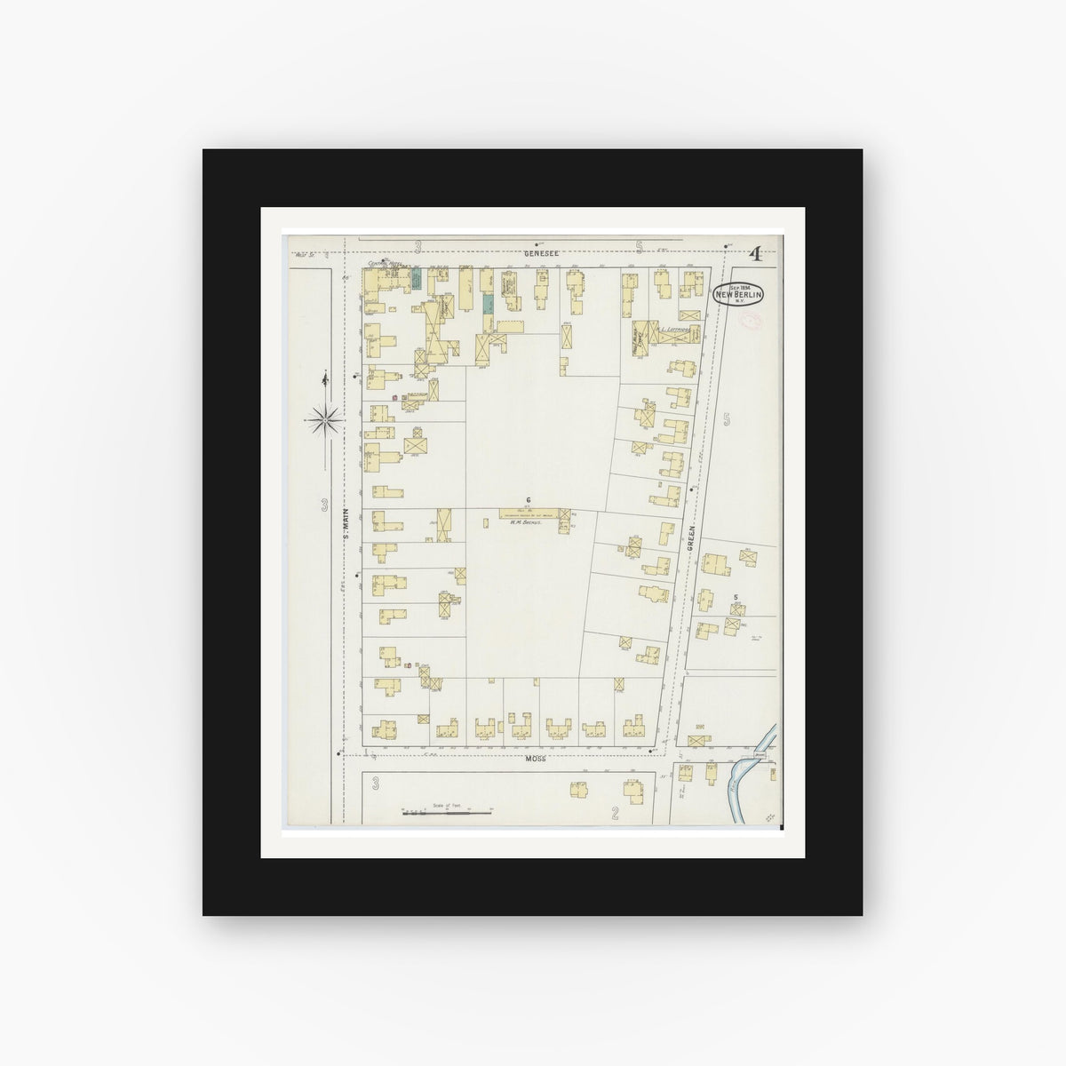 Old map wall art mockup — black gallery frame with white mat — Sanborn Fire Insurance Map from New Berlin, Chenango County, New York (1894), Sheet #0004
