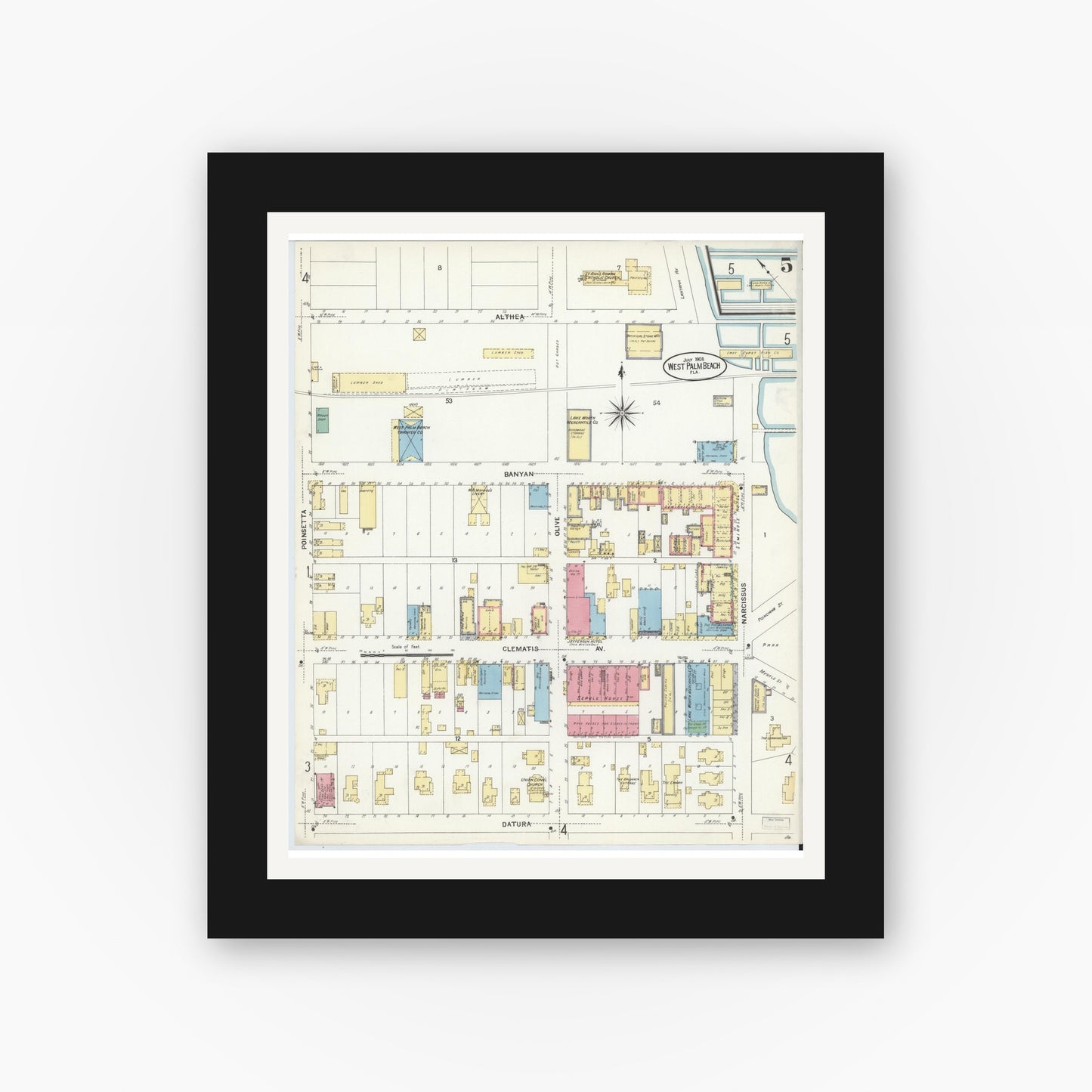 Old map wall art mockup — black gallery frame with white mat — Sanborn Fire Insurance Map from West Palm Beach, Dade County, Florida (1908), Sheet #0005