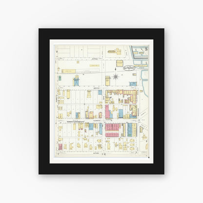 Old map wall art mockup — black gallery frame with white mat — Sanborn Fire Insurance Map from West Palm Beach, Dade County, Florida (1908), Sheet #0005