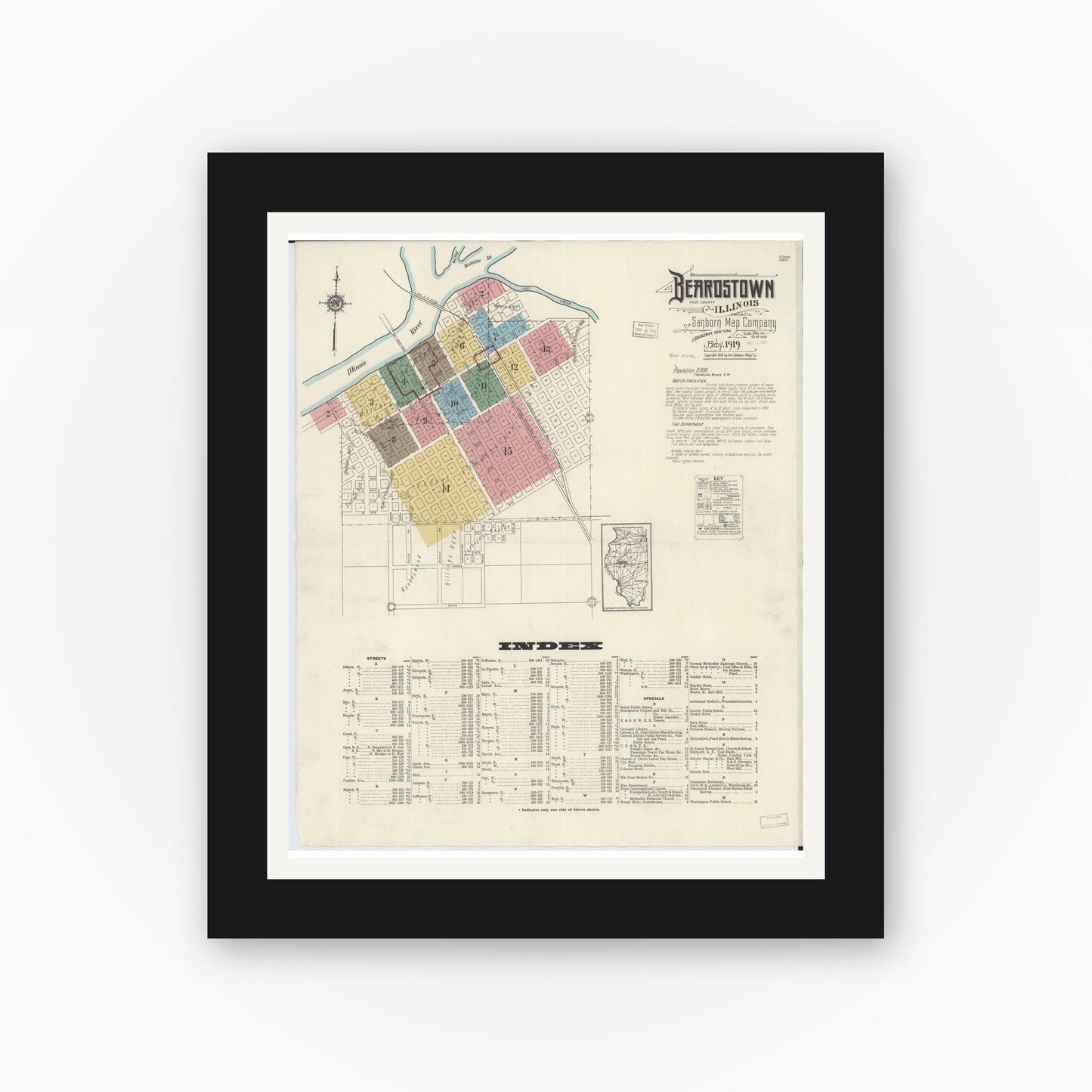 Old map wall art mockup — black gallery frame with white mat — Sanborn Fire Insurance Map from Beardstown, Cass County, Illinois (1919), Sheet #0001