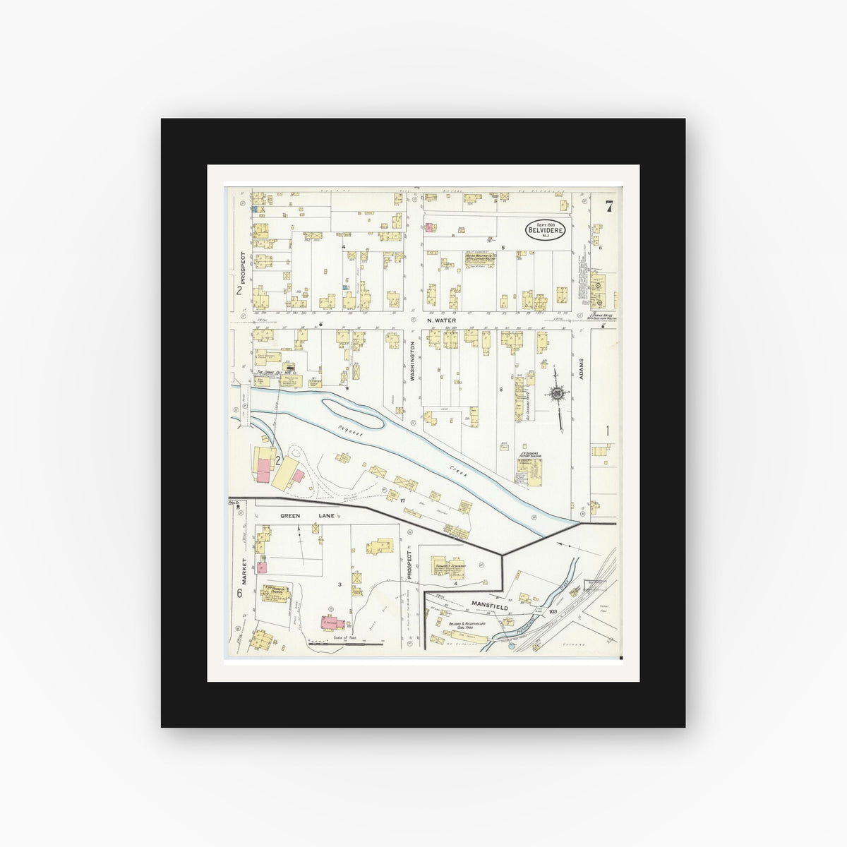 Old map wall art mockup — black gallery frame with white mat — Sanborn Fire Insurance Map from Belvidere, Warren County, New Jersey (1909), Sheet #0007
