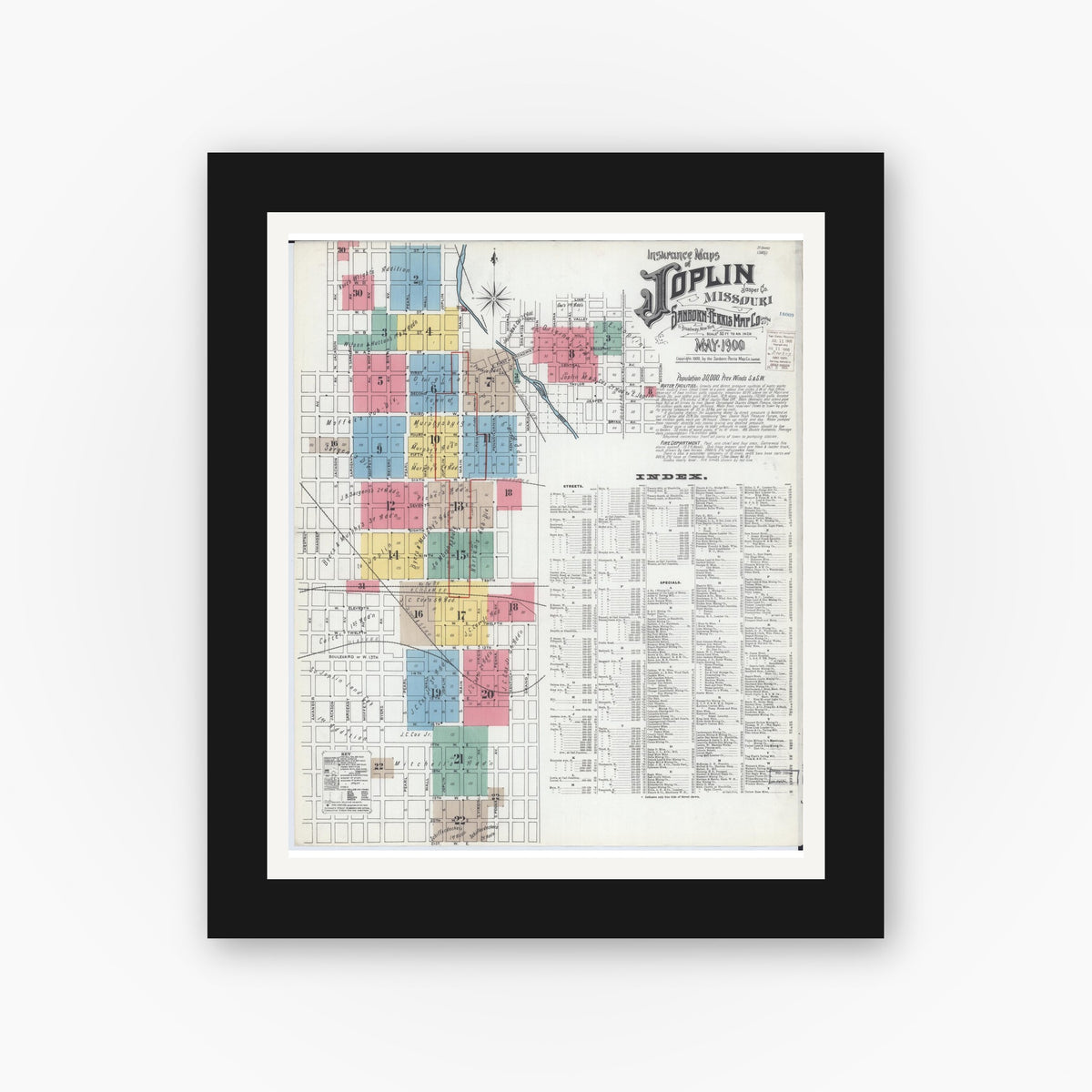 Old map wall art mockup — black gallery frame with white mat — Sanborn Fire Insurance Map from Joplin, Jasper County, Missouri (1900), Sheet #0001