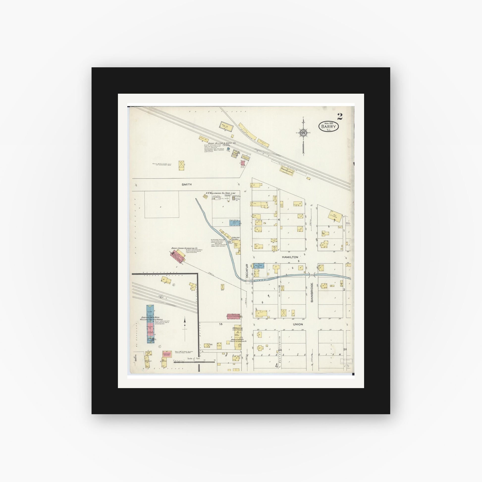 Old map wall art mockup — black gallery frame with white mat — Sanborn Fire Insurance Map from Barry, Pike County, Illinois (1913), Sheet #0002