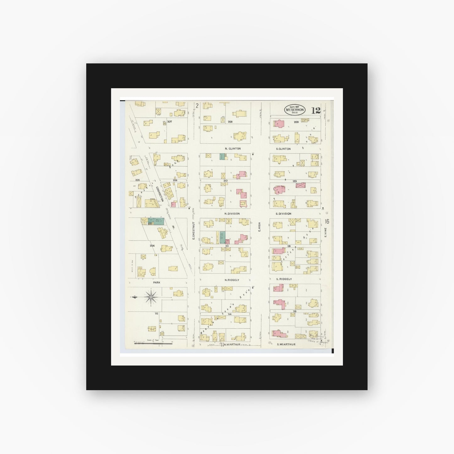 Old map wall art mockup — black gallery frame with white mat — Sanborn Fire Insurance Map from Mount Vernon, Knox County, Ohio (1907), Sheet #0012