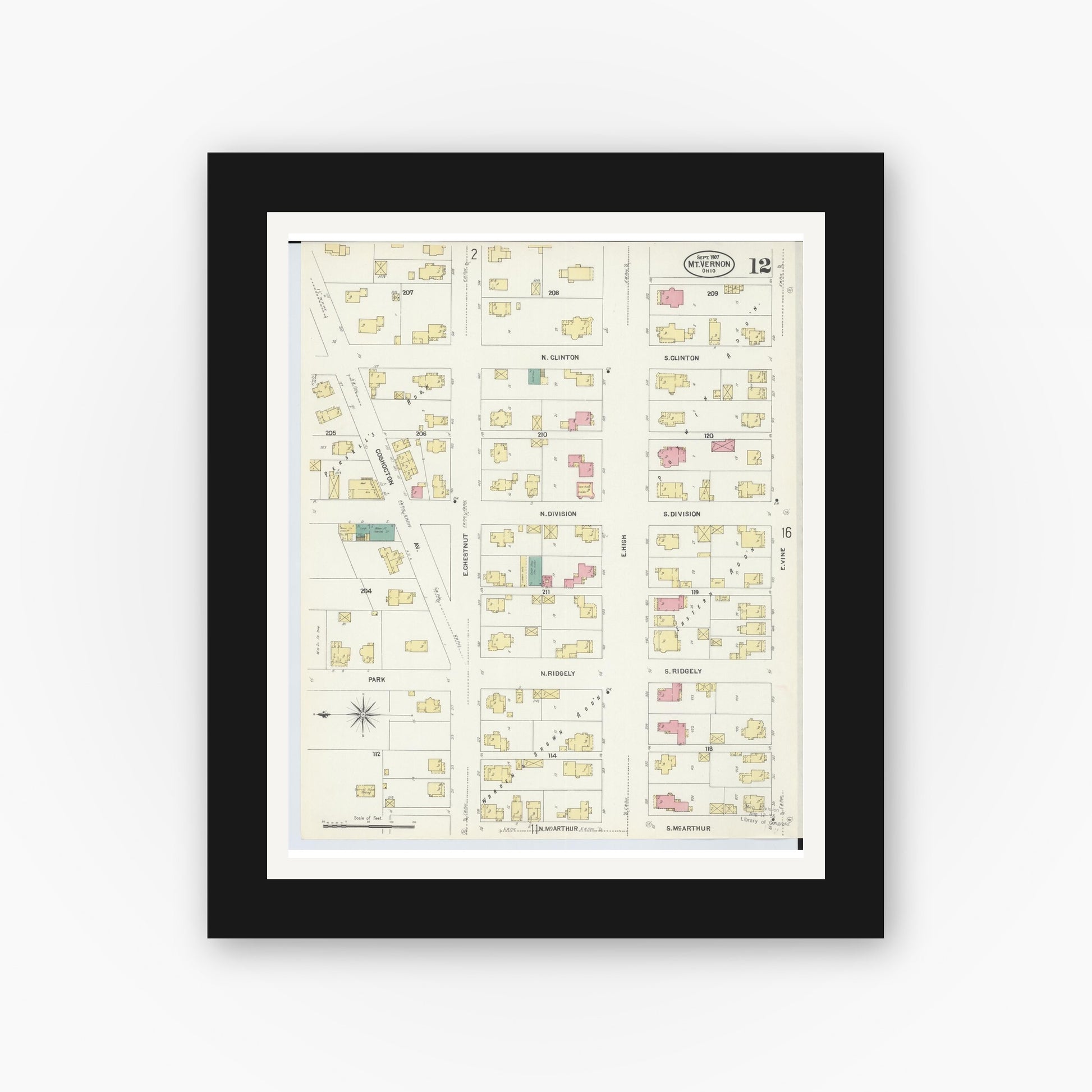 Old map wall art mockup — black gallery frame with white mat — Sanborn Fire Insurance Map from Mount Vernon, Knox County, Ohio (1907), Sheet #0012