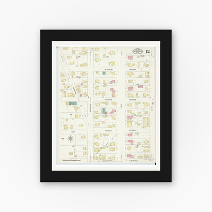 Old map wall art mockup — black gallery frame with white mat — Sanborn Fire Insurance Map from Mount Vernon, Knox County, Ohio (1907), Sheet #0012