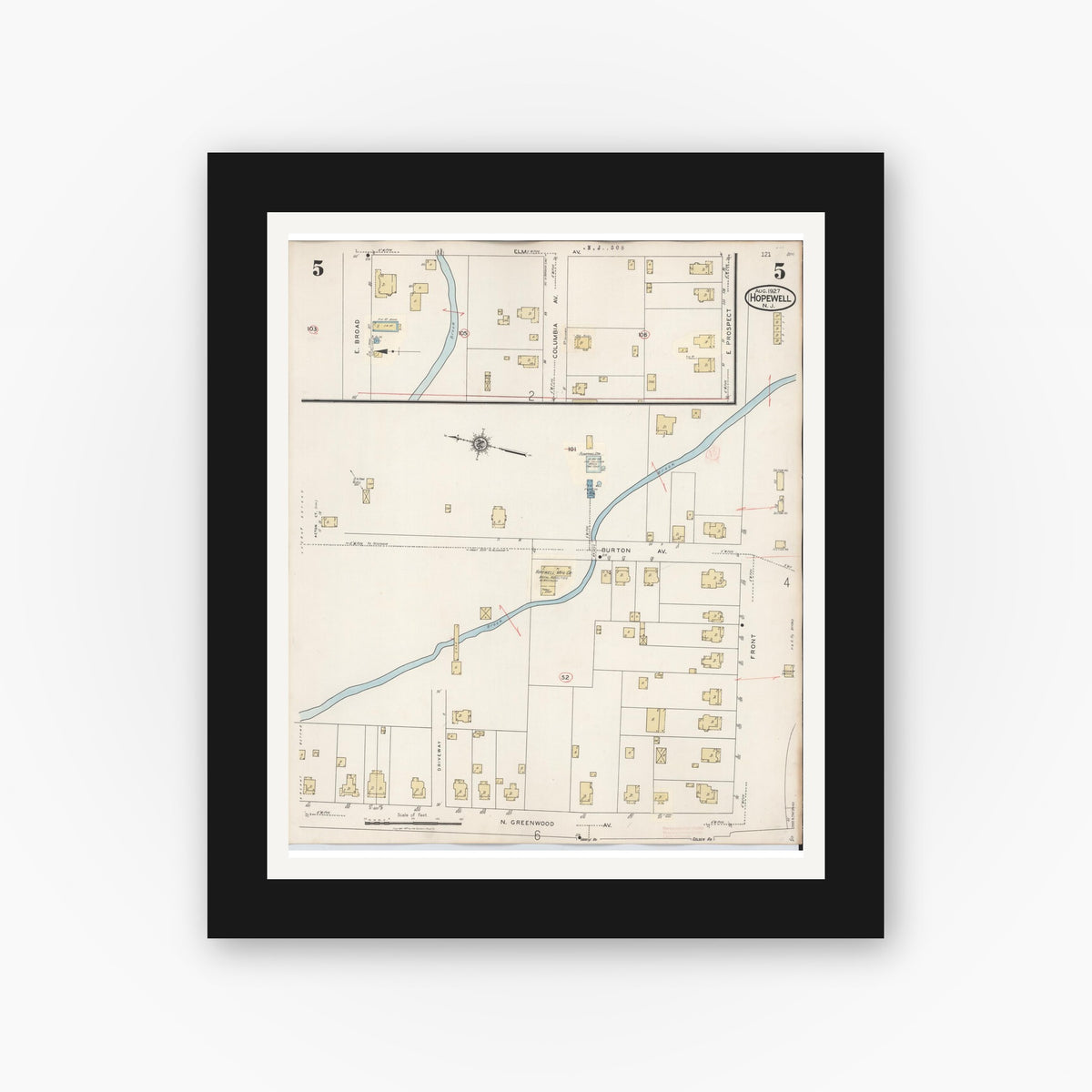 Old map wall art mockup — black gallery frame with white mat — Sanborn Fire Insurance Map from Hopewell, Mercer County, New Jersey (1935), Sheet #0005