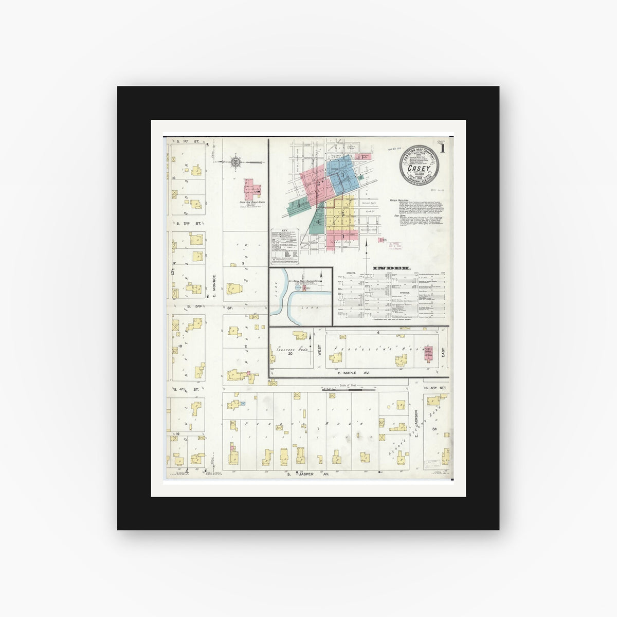 Old map wall art mockup — black gallery frame with white mat — Sanborn Fire Insurance Map from Casey, Clark County, Illinois (1912) - Complete Map Set