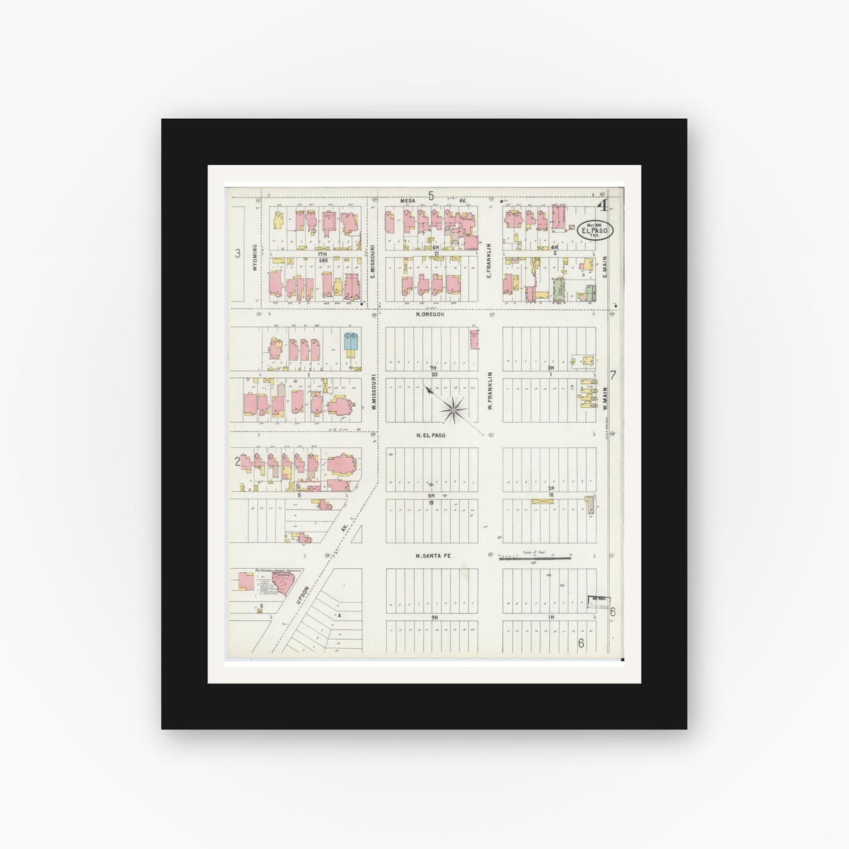 Old map wall art mockup — black gallery frame with white mat — Sanborn Fire Insurance Map from El Paso, El Paso County, Texas (1898), Sheet #0004