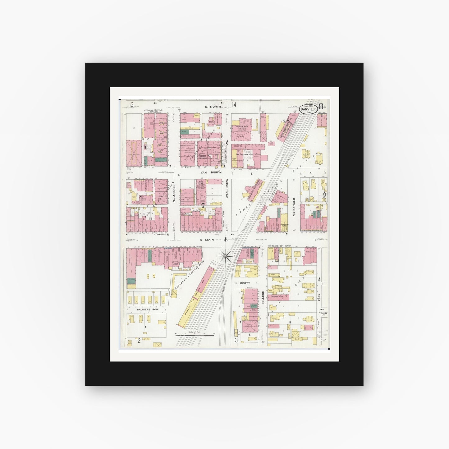 Old map wall art mockup — black gallery frame with white mat — Sanborn Fire Insurance Map from Danville, Vermilion County, Illinois (1909), Sheet #0008