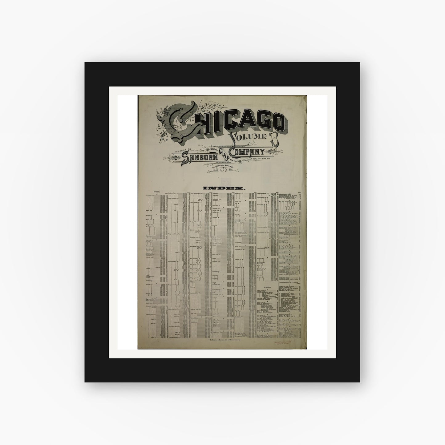 Old map wall art mockup — black gallery frame with white mat — Sanborn Fire Insurance Map from Chicago, Cook County, Illinois (1909), Sheet #0001