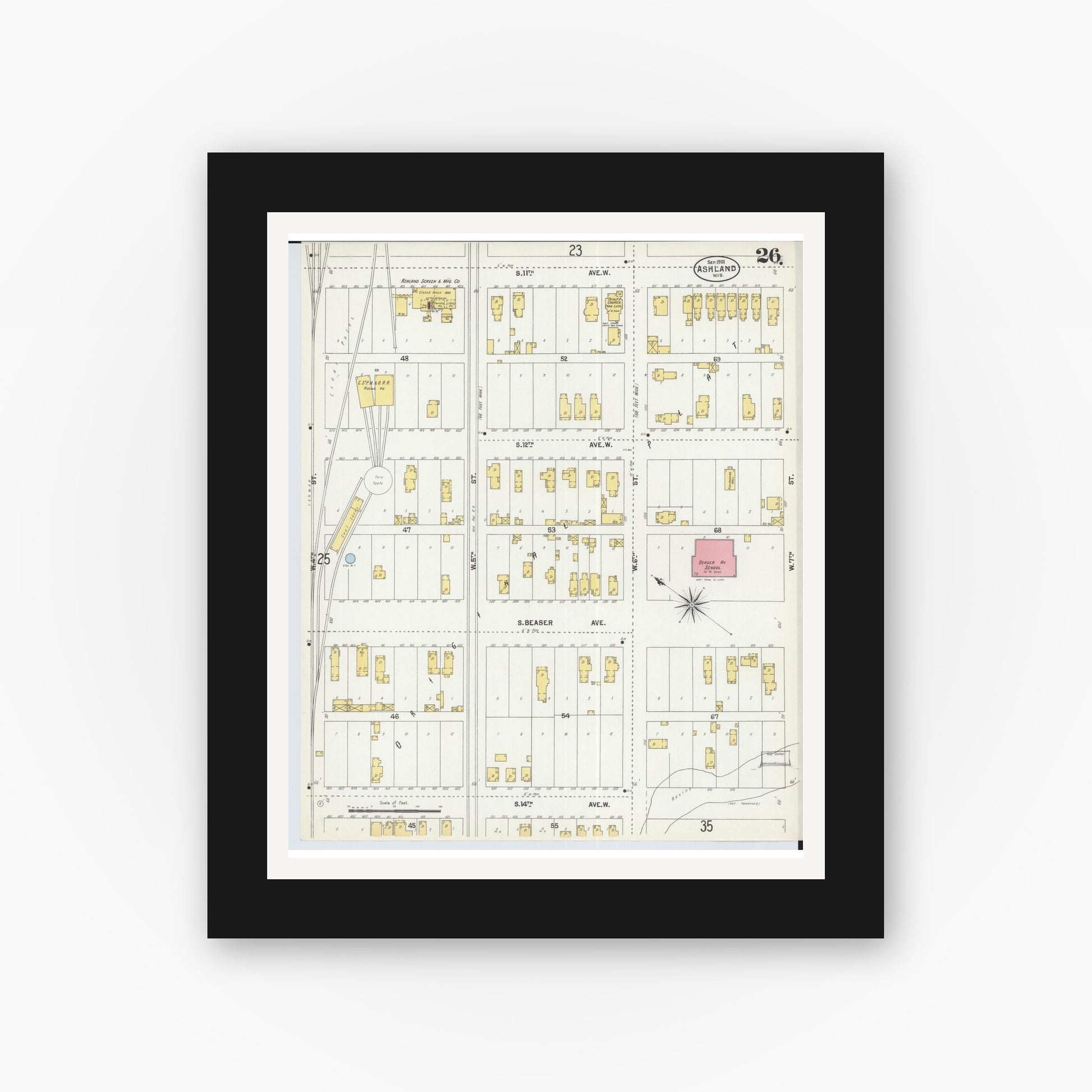 Old map wall art mockup — black gallery frame with white mat — Sanborn Fire Insurance Map from Ashland, Ashland County, Wisconsin (1901), Sheet #0026