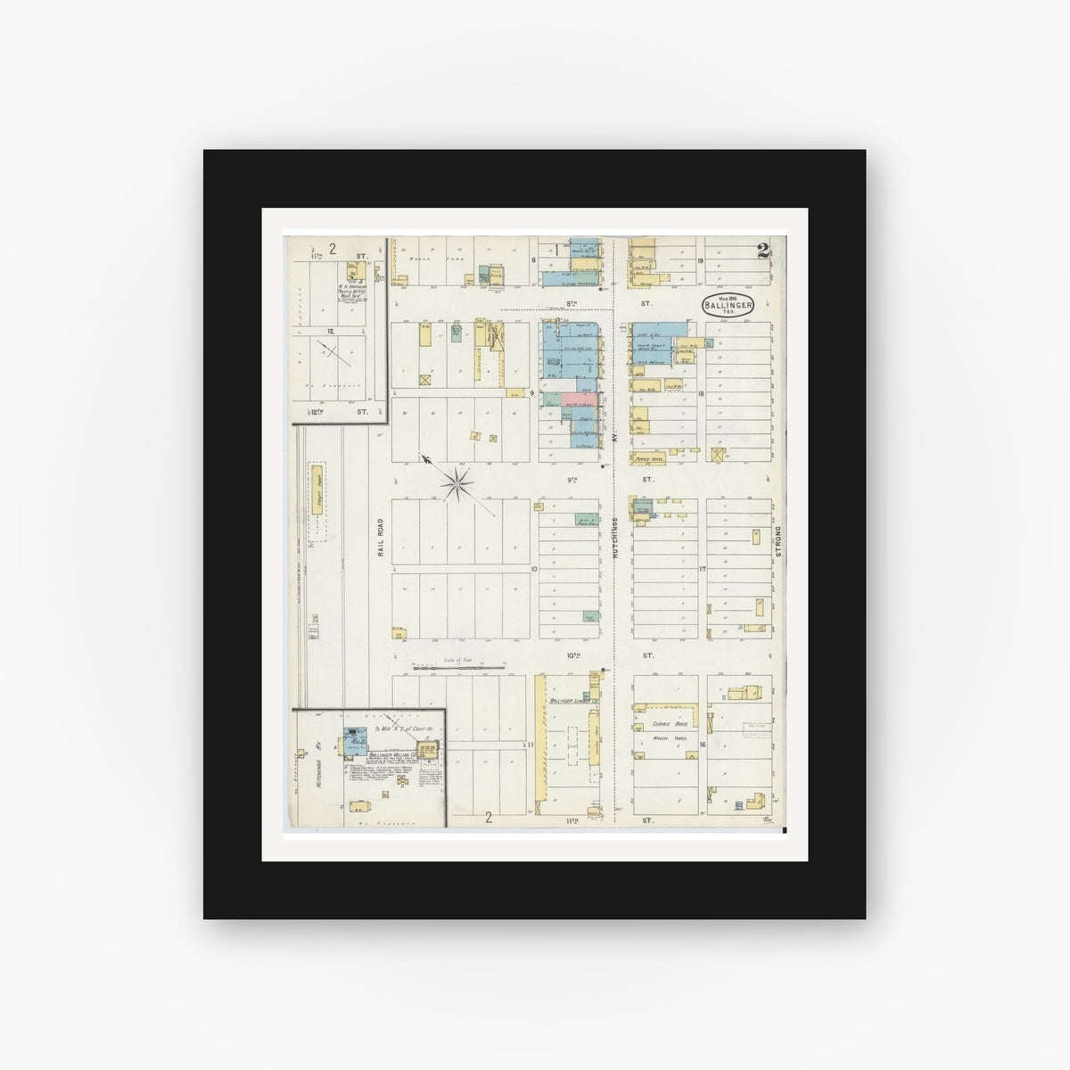 Old map wall art mockup — black gallery frame with white mat — Sanborn Fire Insurance Map from Ballinger, Runnels County, Texas (1896), Sheet #0002