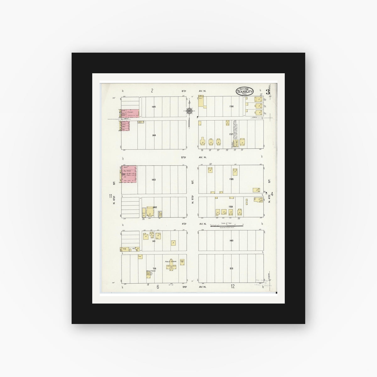 Old map wall art mockup — black gallery frame with white mat — Sanborn Fire Insurance Map from Texas City, Galveston County, Texas (1920), Sheet #0003