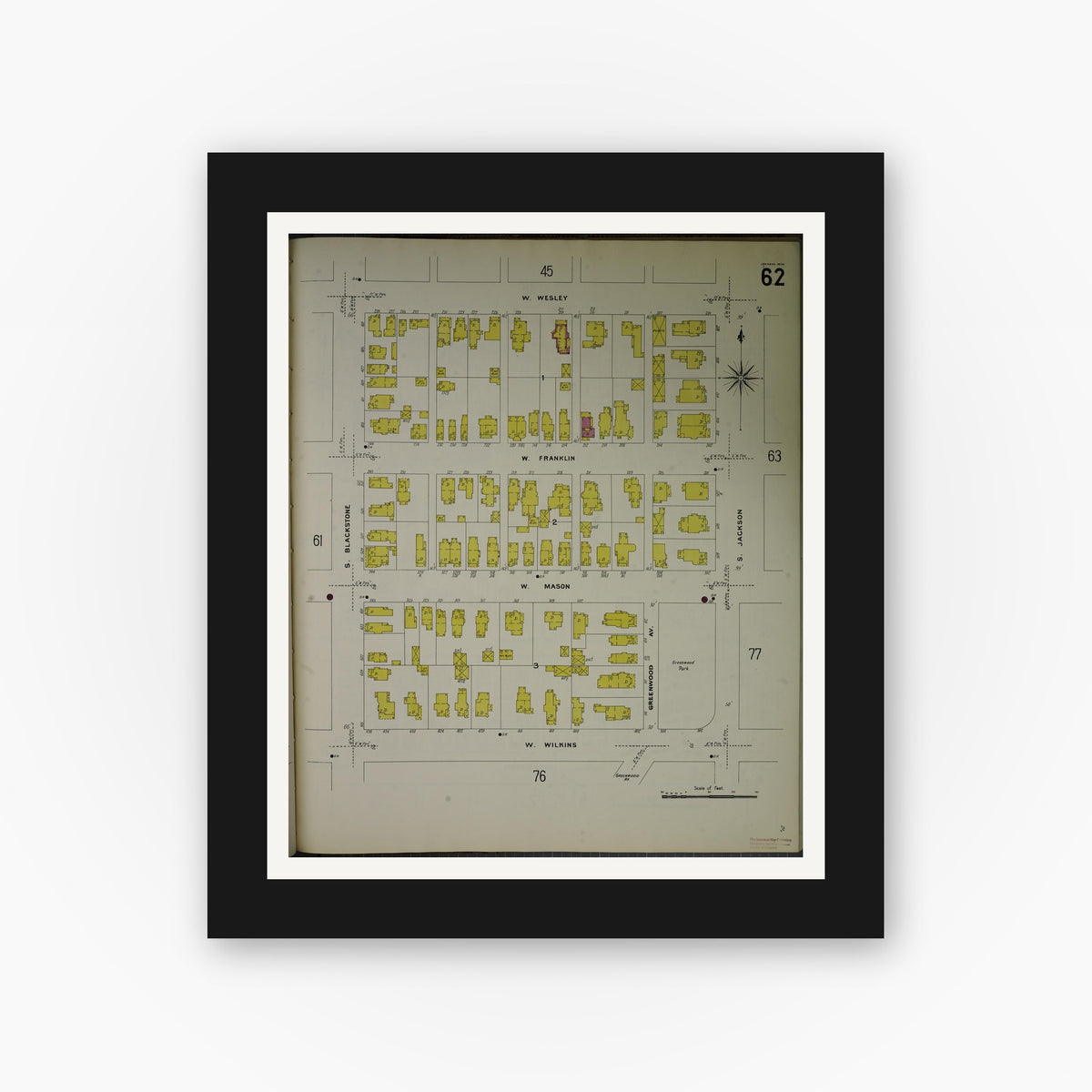 Old map wall art mockup — black gallery frame with white mat — Sanborn Fire Insurance Map from Jackson, Jackson County, Michigan (1907), Sheet #0062