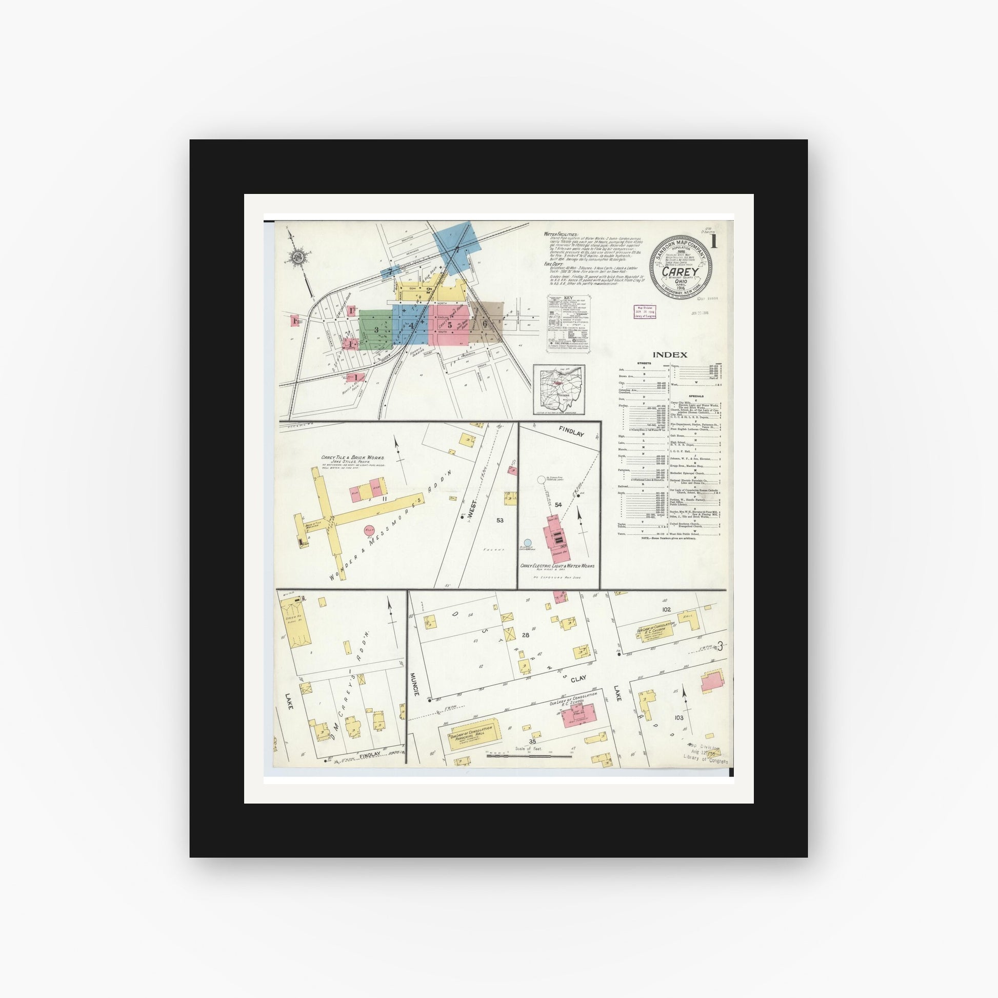 Old map wall art mockup — black gallery frame with white mat — Sanborn Fire Insurance Map from Carey, Wyandot County, Ohio (1916), Sheet #0001