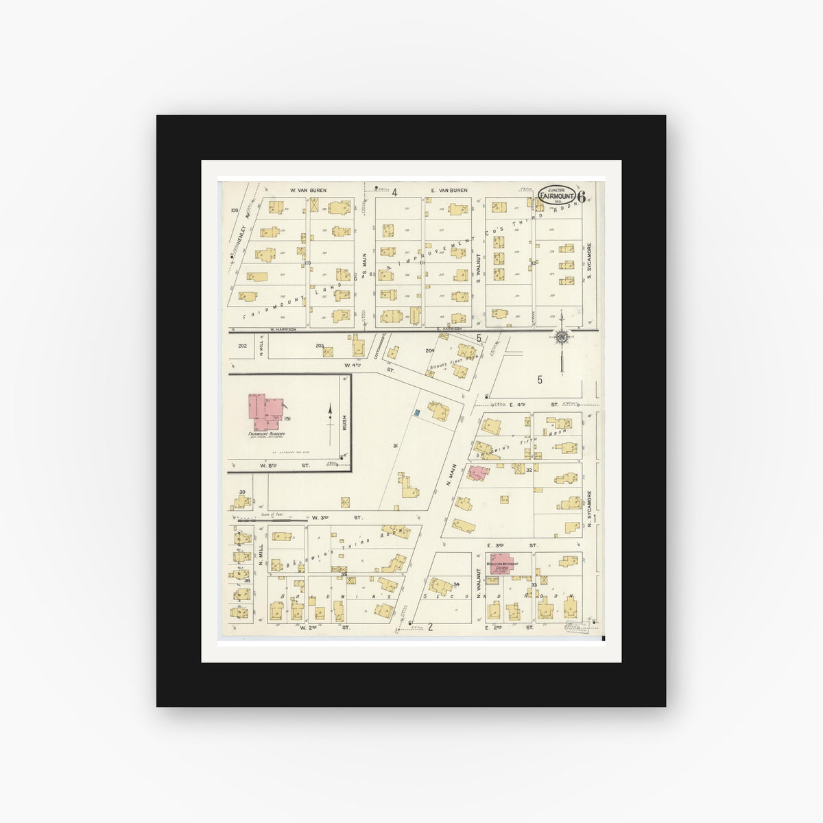 Old map wall art mockup — black gallery frame with white mat — Sanborn Fire Insurance Map from Fairmount, Grant County, Indiana (1916), Sheet #0006