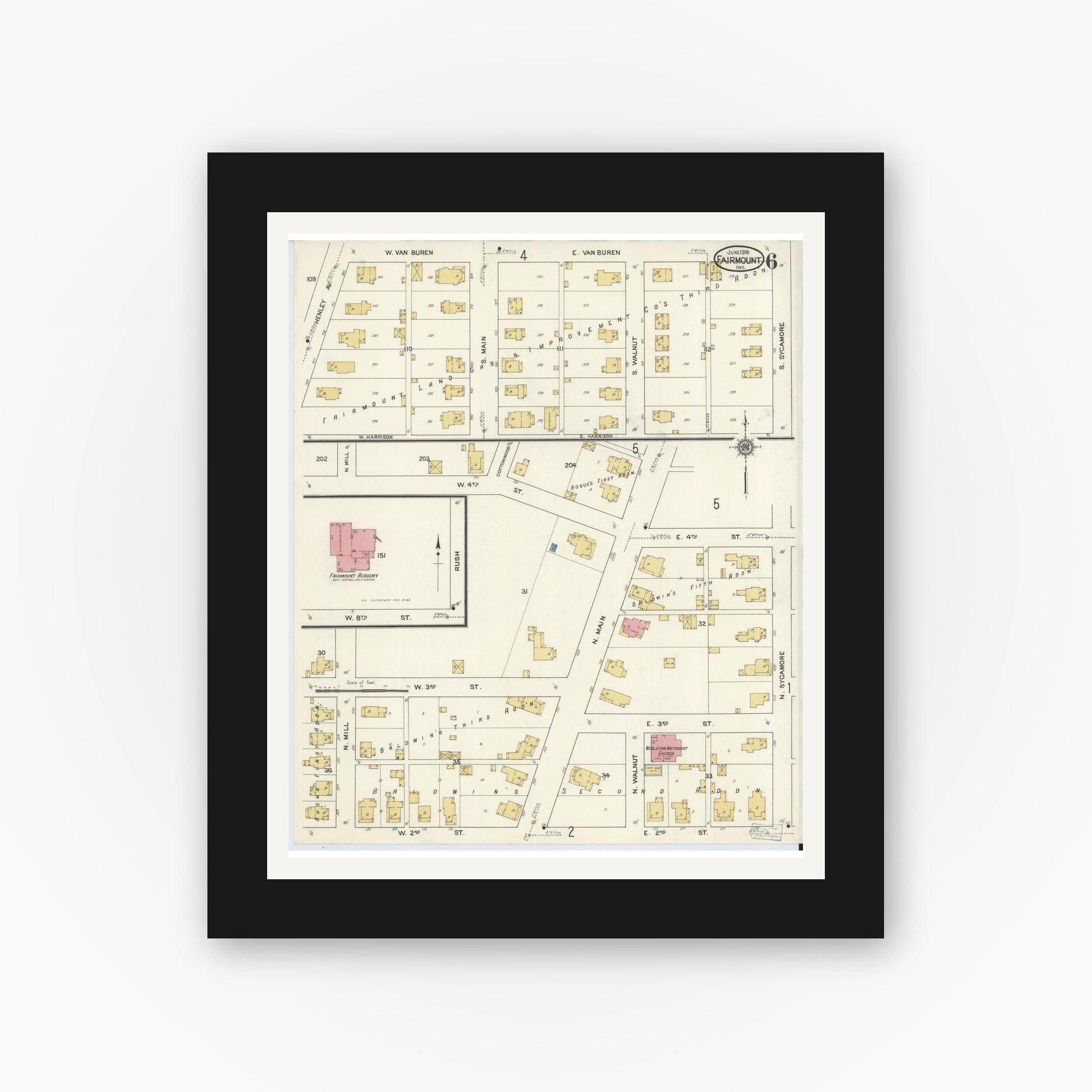 Old map wall art mockup — black gallery frame with white mat — Sanborn Fire Insurance Map from Fairmount, Grant County, Indiana (1916), Sheet #0006