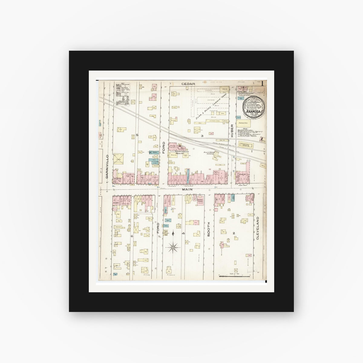 Old map wall art mockup — black gallery frame with white mat — Sanborn Fire Insurance Map from Anamosa, Jones County, Iowa (1886), Sheet #0001