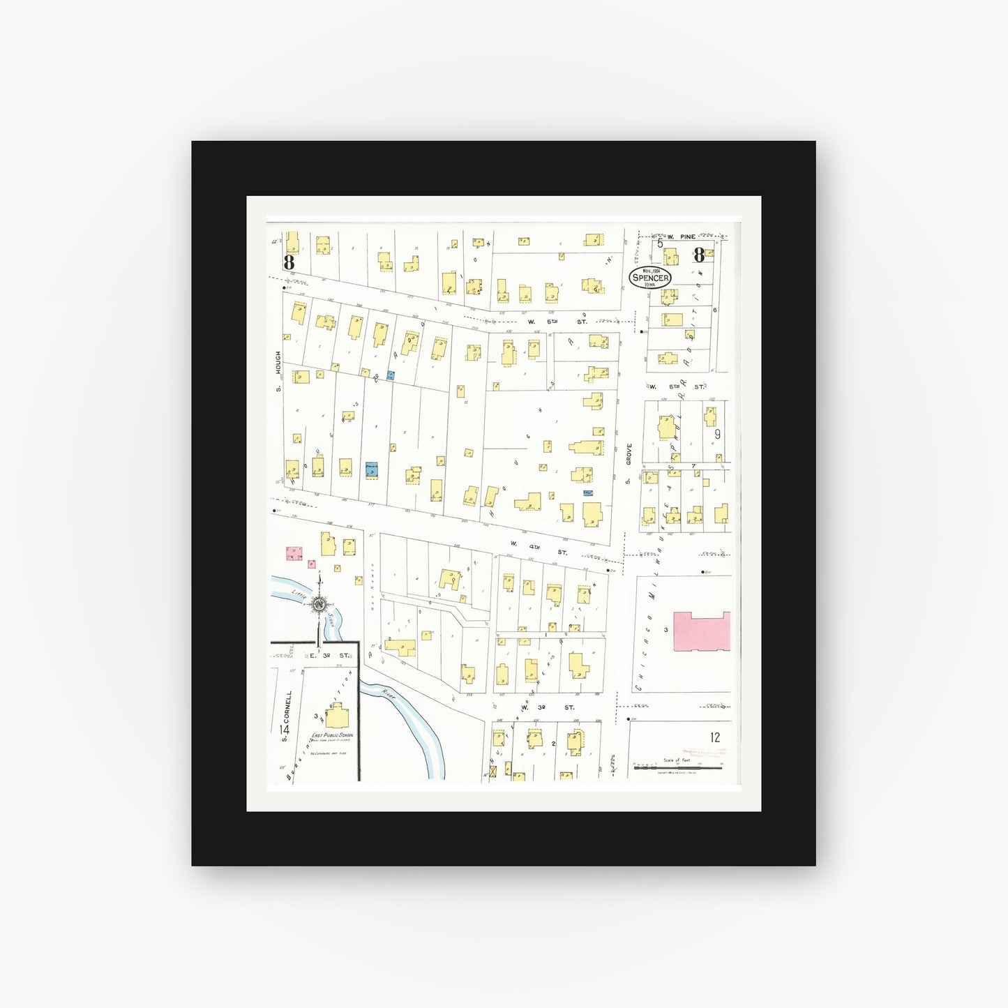 Old map wall art mockup — black gallery frame with white mat — Sanborn Fire Insurance Map from Spencer, Clay County, Iowa (1924), Sheet #0008
