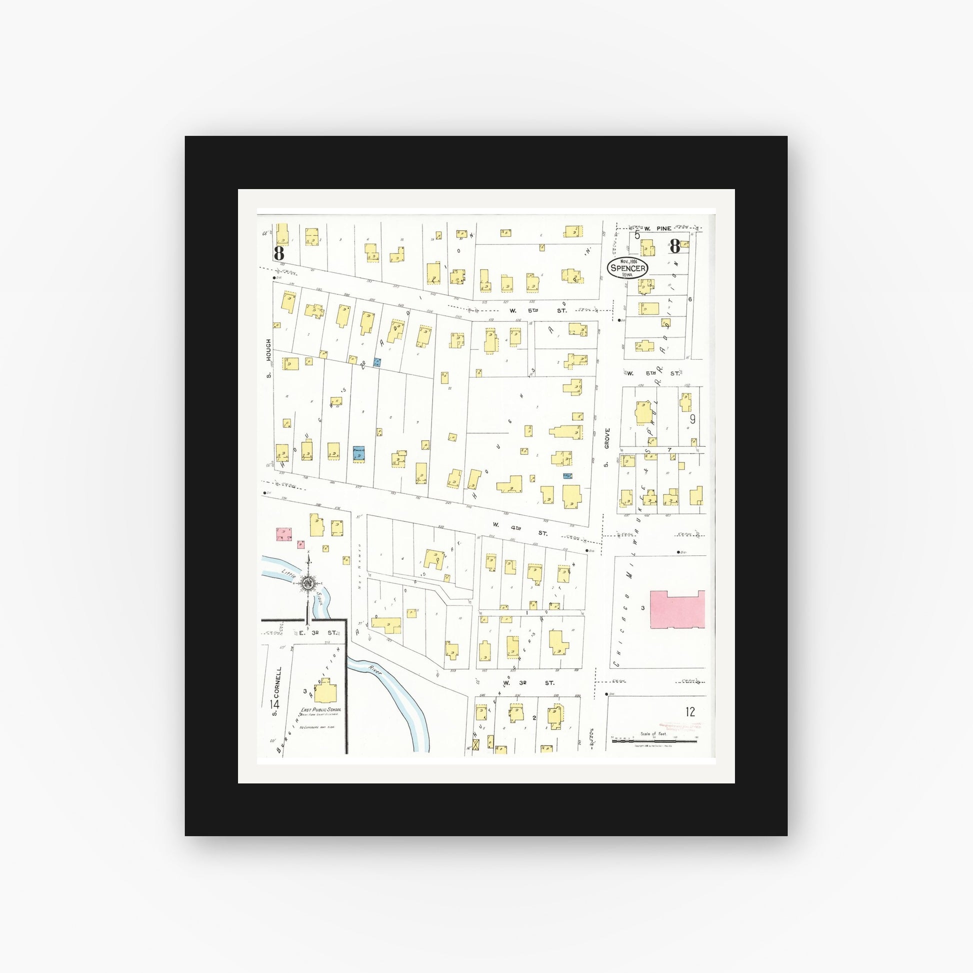 Old map wall art mockup — black gallery frame with white mat — Sanborn Fire Insurance Map from Spencer, Clay County, Iowa (1924), Sheet #0008