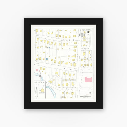 Old map wall art mockup — black gallery frame with white mat — Sanborn Fire Insurance Map from Spencer, Clay County, Iowa (1924), Sheet #0008