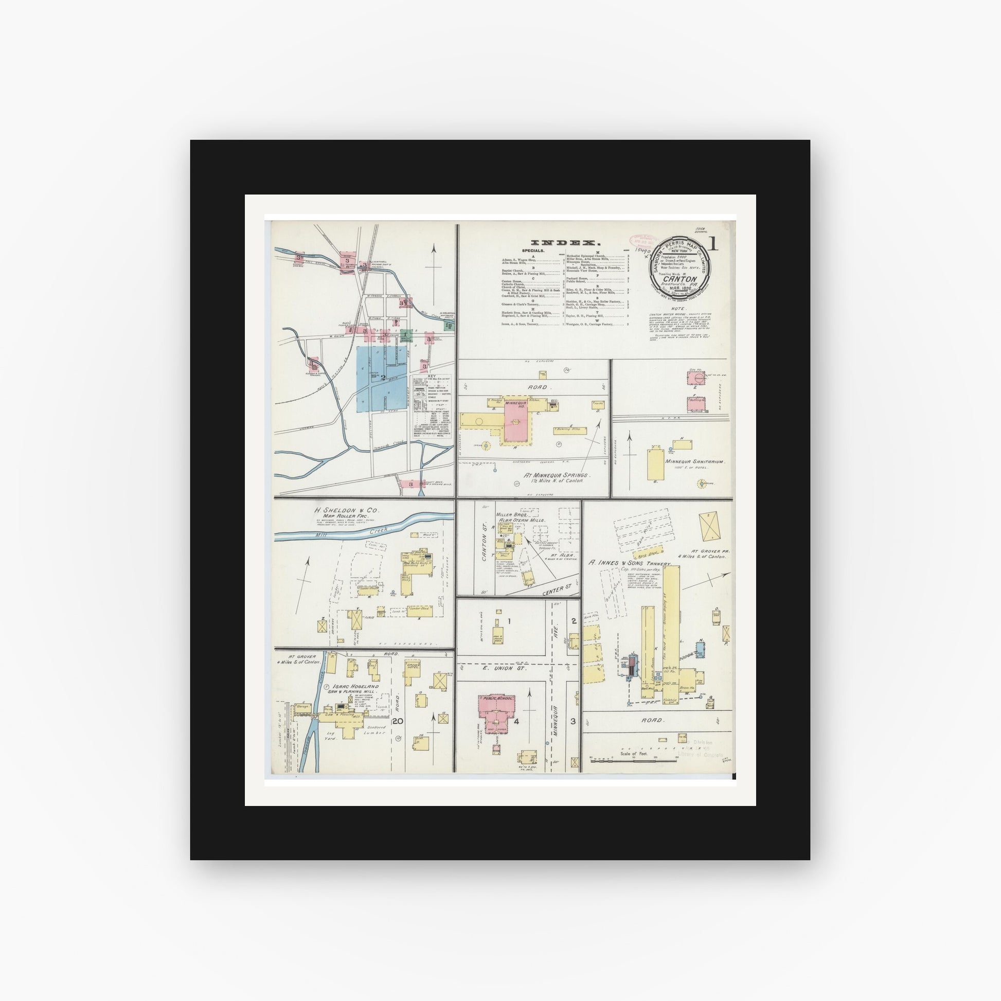 Old map wall art mockup — black gallery frame with white mat — Sanborn Fire Insurance Map from Canton, Bradford County, Pennsylvania (1892) - Complete Map Set