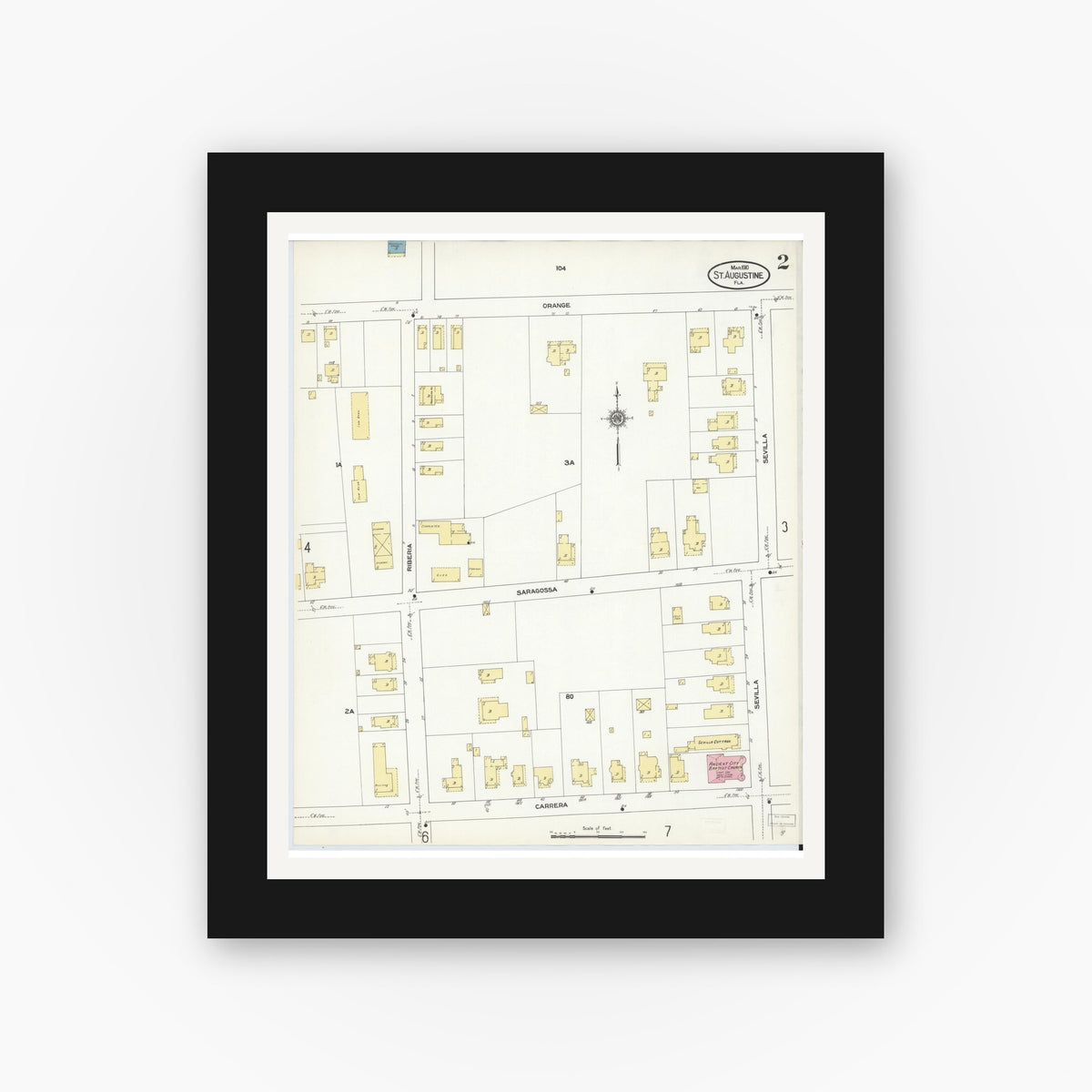 Old map wall art mockup — black gallery frame with white mat — Sanborn Fire Insurance Map from Saint Augustine, Saint John's County, Florida (1910), Sheet #0002