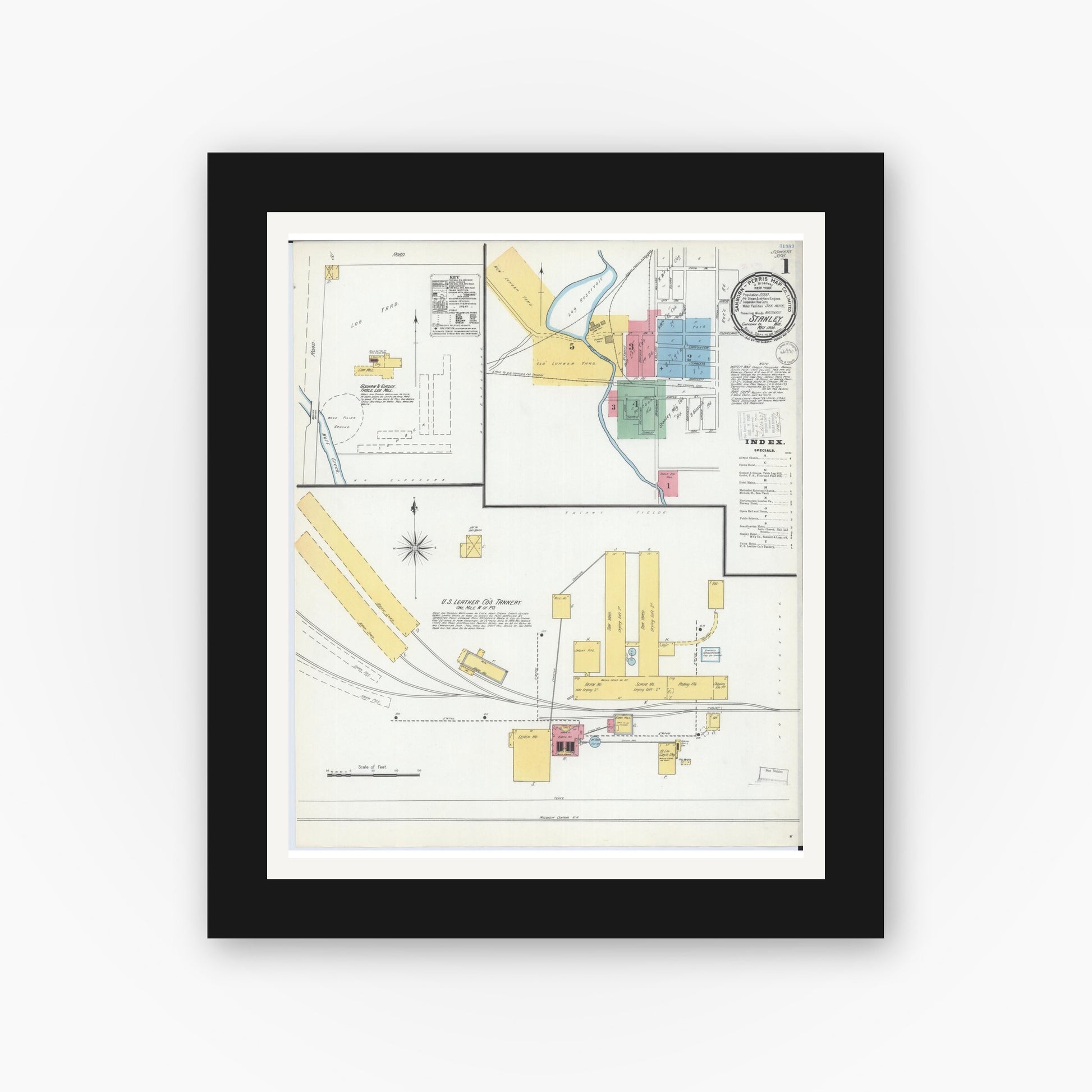 Old map wall art mockup — black gallery frame with white mat — Sanborn Fire Insurance Map from Stanley, Chippewa County, Wisconsin (1900), Sheet #0001