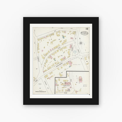 Old map wall art mockup — black gallery frame with white mat — Sanborn Fire Insurance Map from Poughkeepsie, Dutchess County, New York (1887), Sheet #0012