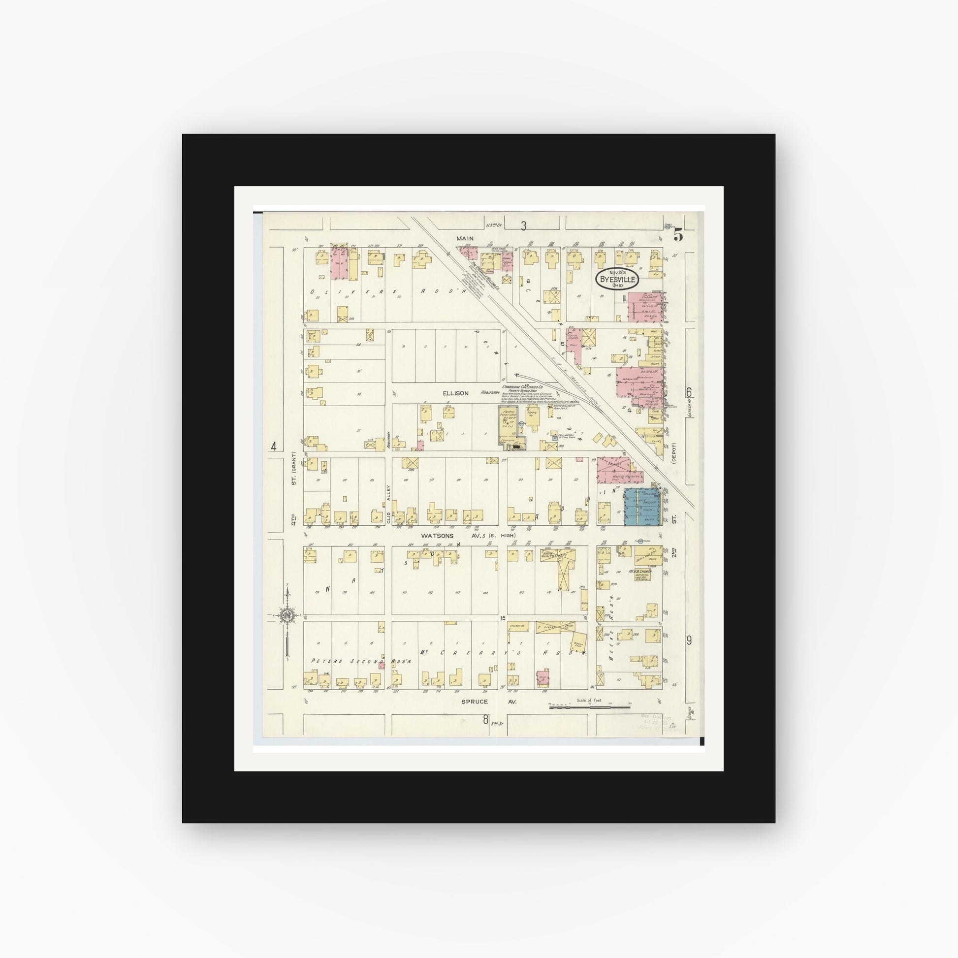 Old map wall art mockup — black gallery frame with white mat — Sanborn Fire Insurance Map from Byesville, Guernsey County, Ohio (1913), Sheet #0005