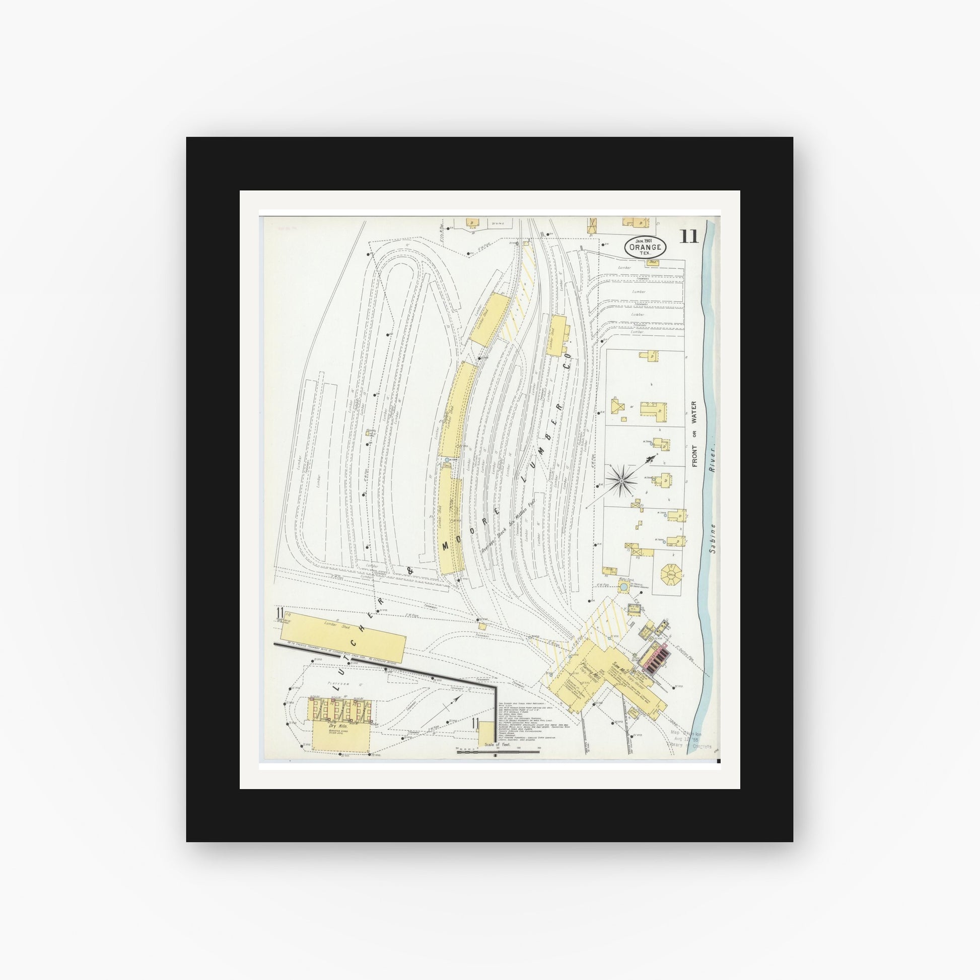 Old map wall art mockup — black gallery frame with white mat — Sanborn Fire Insurance Map from Orange, Orange County, Texas (1901), Sheet #0011