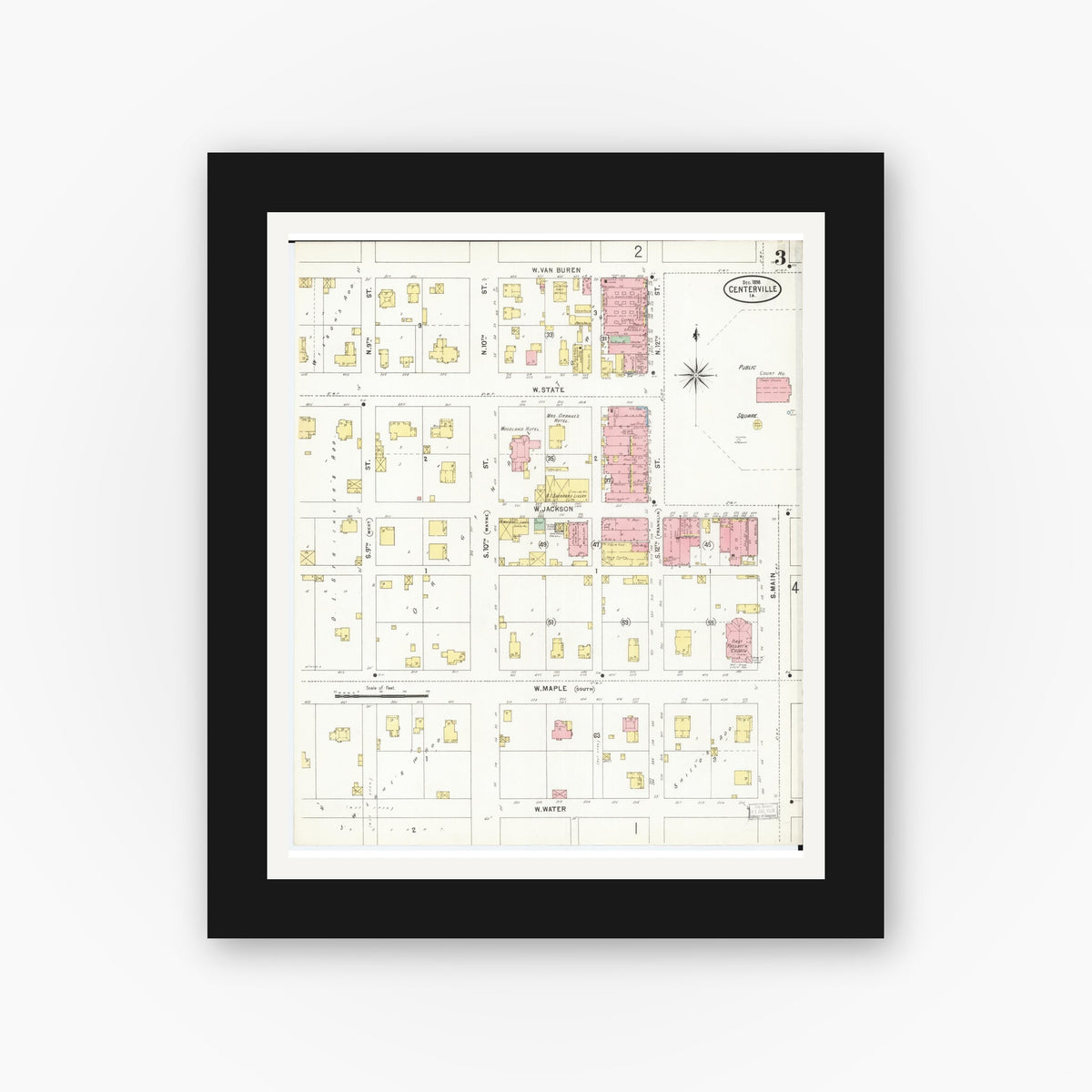 Old map wall art mockup — black gallery frame with white mat — Sanborn Fire Insurance Map from Centerville, Appanoose County, Iowa (1898), Sheet #0003
