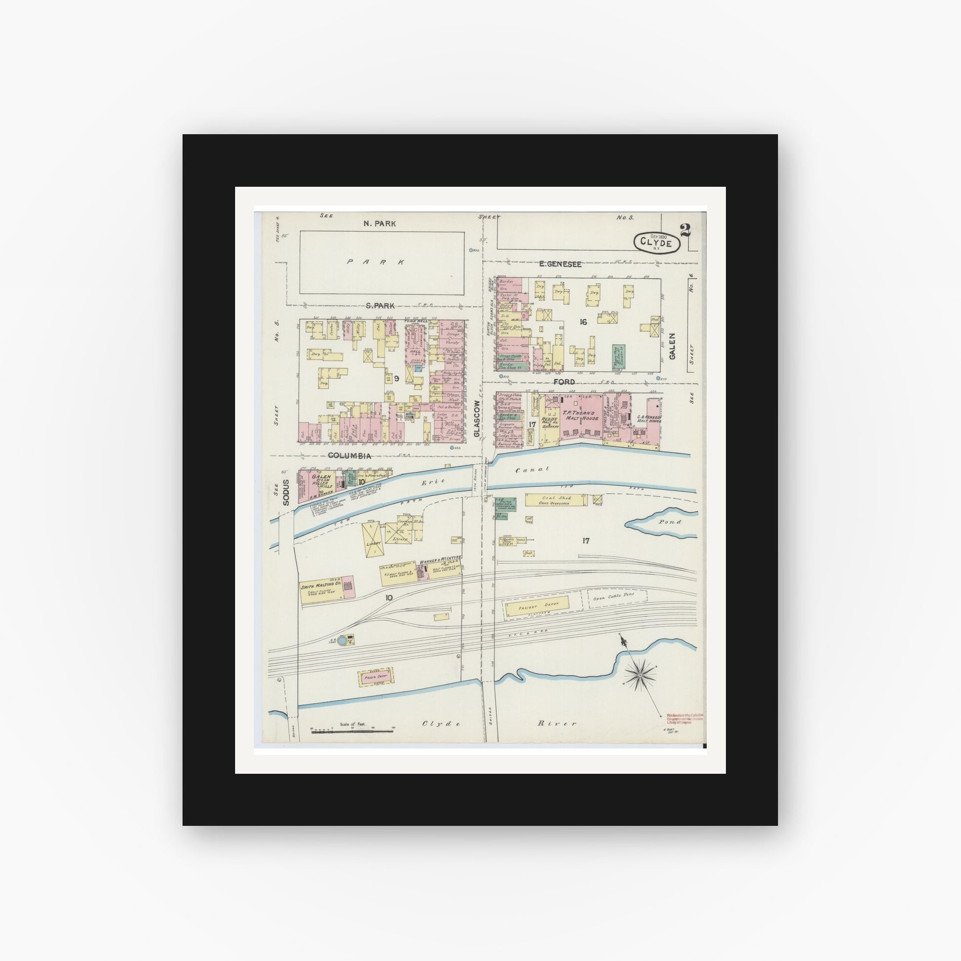 Old map wall art mockup — black gallery frame with white mat — Sanborn Fire Insurance Map from Clyde, Wayne County, New York (1890), Sheet #0002