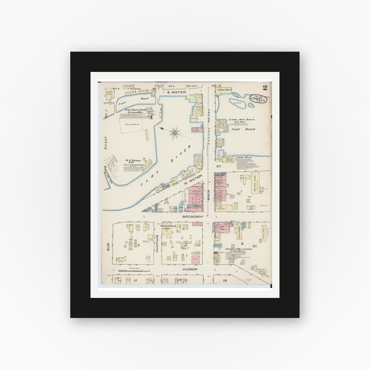 Old map wall art mockup — black gallery frame with white mat — Sanborn Fire Insurance Map from Lowell, Kent County, Michigan (1885), Sheet #0002