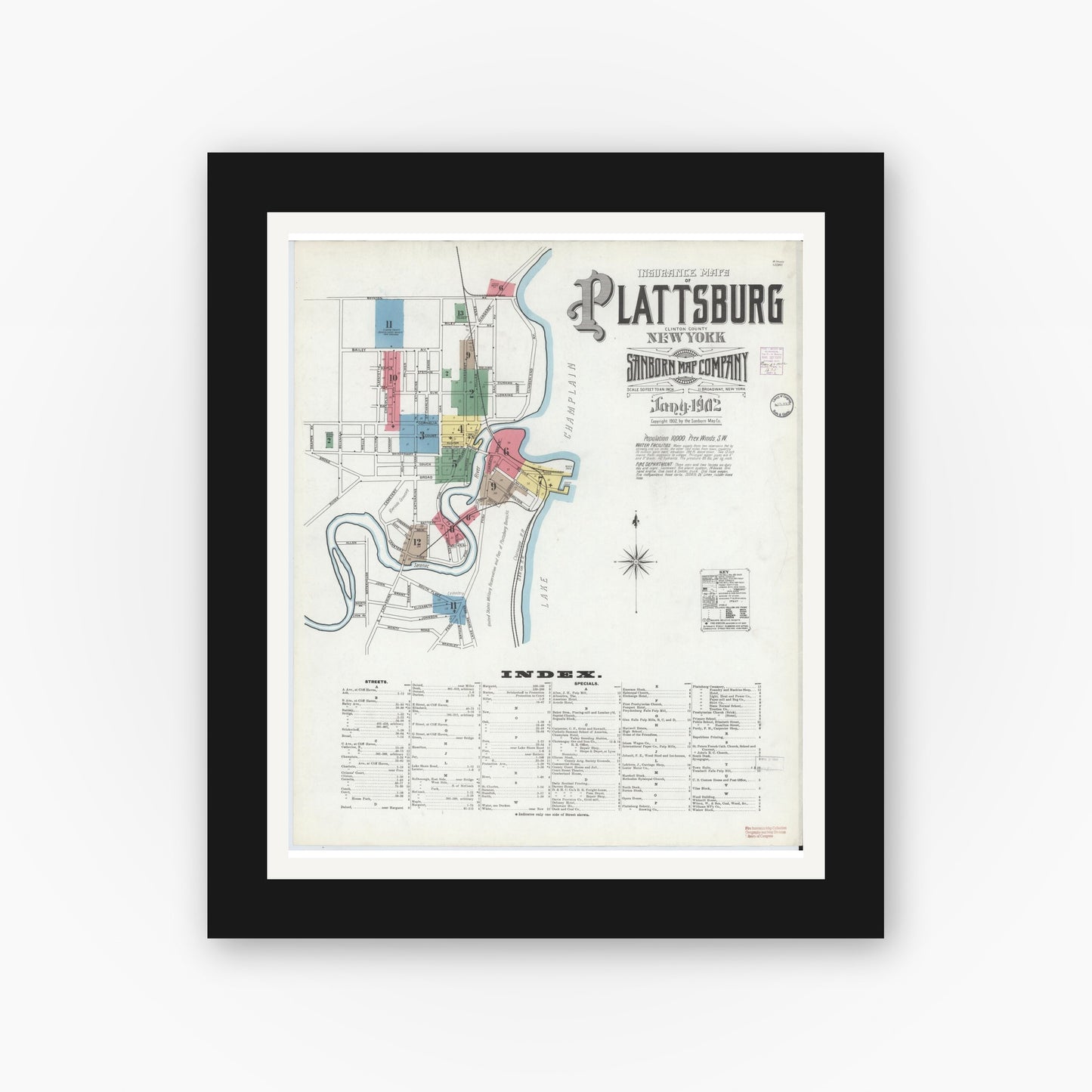 Old map wall art mockup — black gallery frame with white mat — Sanborn Fire Insurance Map from Plattsburg, Clinton County, New York (1902) - Complete Map Set
