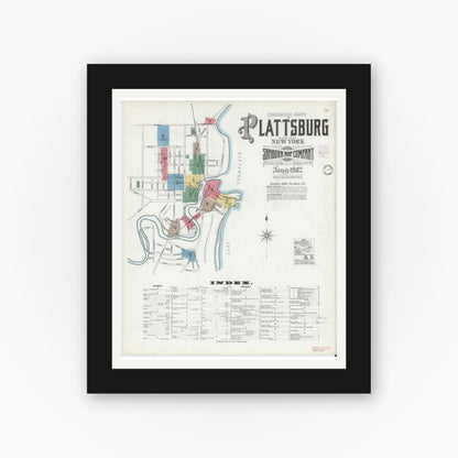 Old map wall art mockup — black gallery frame with white mat — Sanborn Fire Insurance Map from Plattsburg, Clinton County, New York (1902) - Complete Map Set