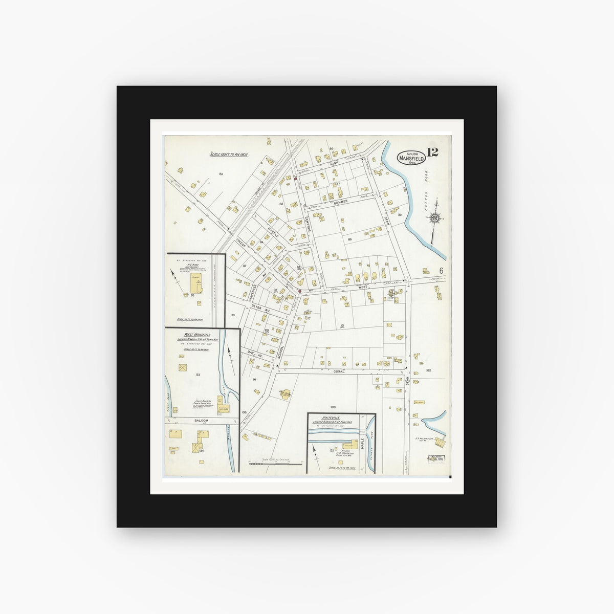 Old map wall art mockup — black gallery frame with white mat — Sanborn Fire Insurance Map from Mansfield, Bristol County, Massachusetts (1916), Sheet #0012