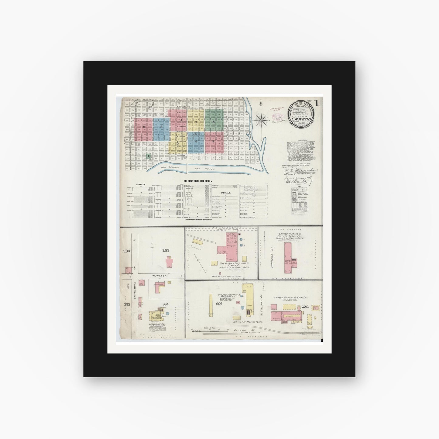 Old map wall art mockup — black gallery frame with white mat — Sanborn Fire Insurance Map from Laredo, Webb County, Texas (1894), Sheet #0001