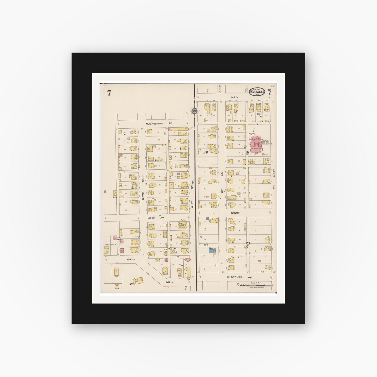 Old map wall art mockup — black gallery frame with white mat — Sanborn Fire Insurance Map from Byesville, Guernsey County, Ohio (1922), Sheet #0007