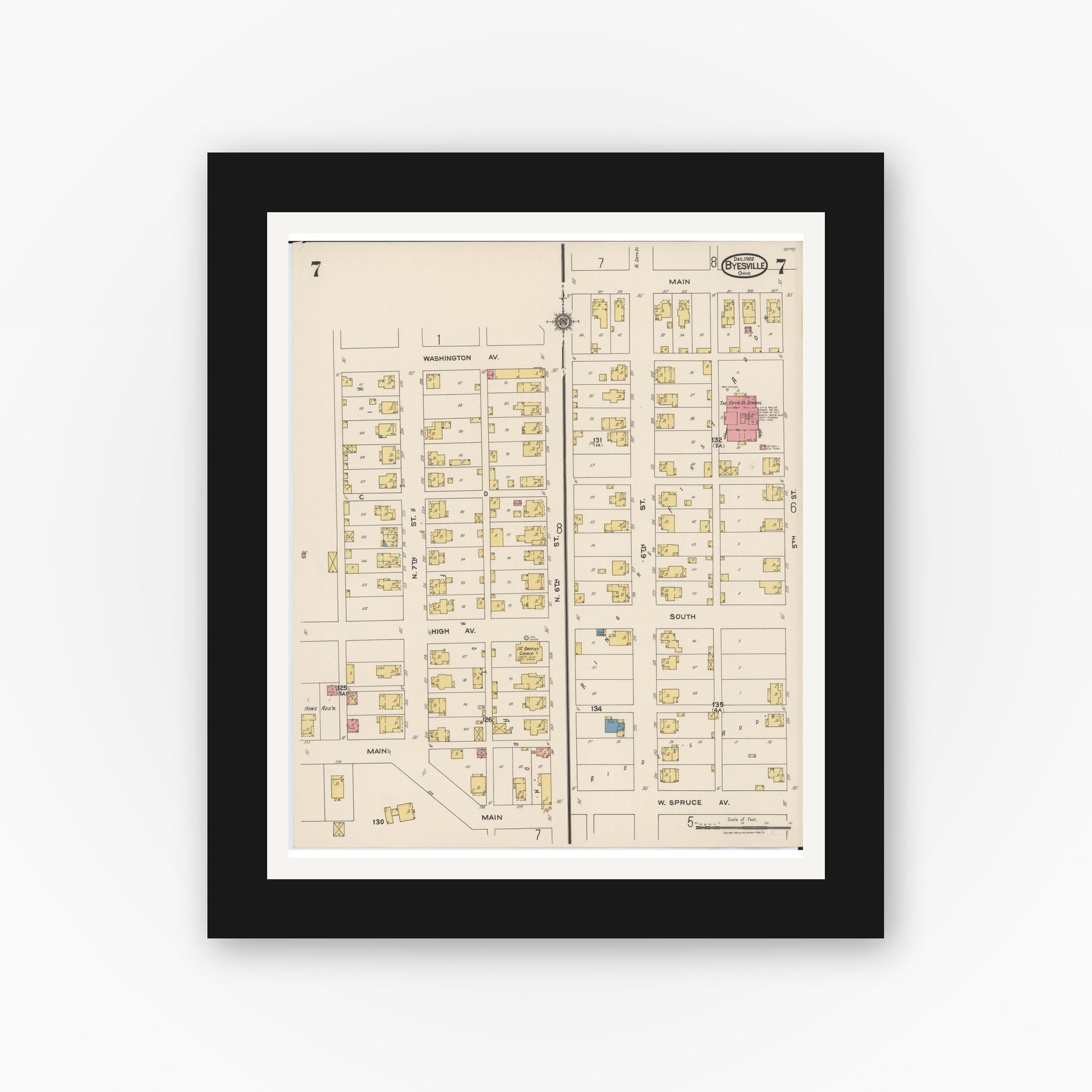 Old map wall art mockup — black gallery frame with white mat — Sanborn Fire Insurance Map from Byesville, Guernsey County, Ohio (1922), Sheet #0007