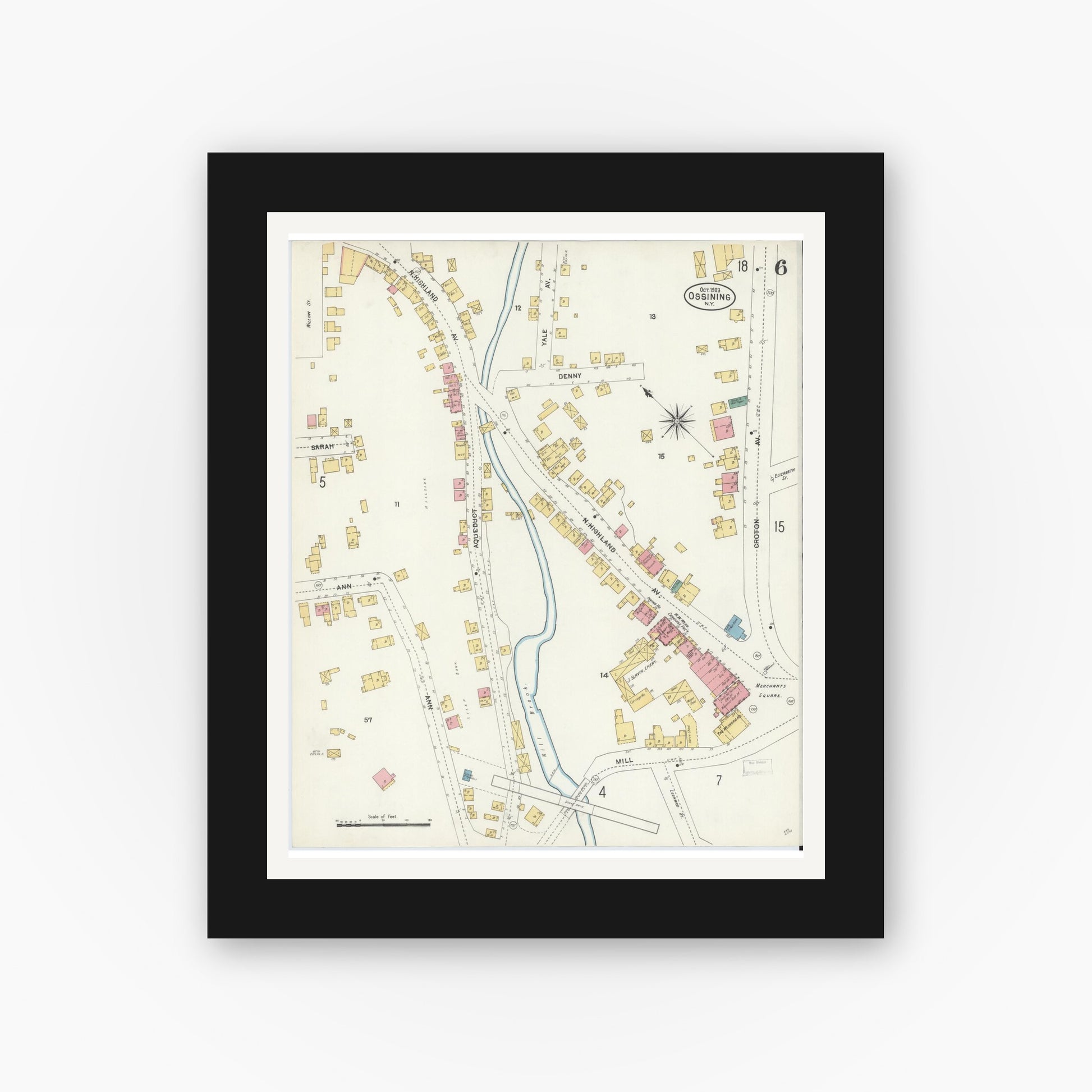 Old map wall art mockup — black gallery frame with white mat — Sanborn Fire Insurance Map from Ossining, Westchester County, New York (1903), Sheet #0006