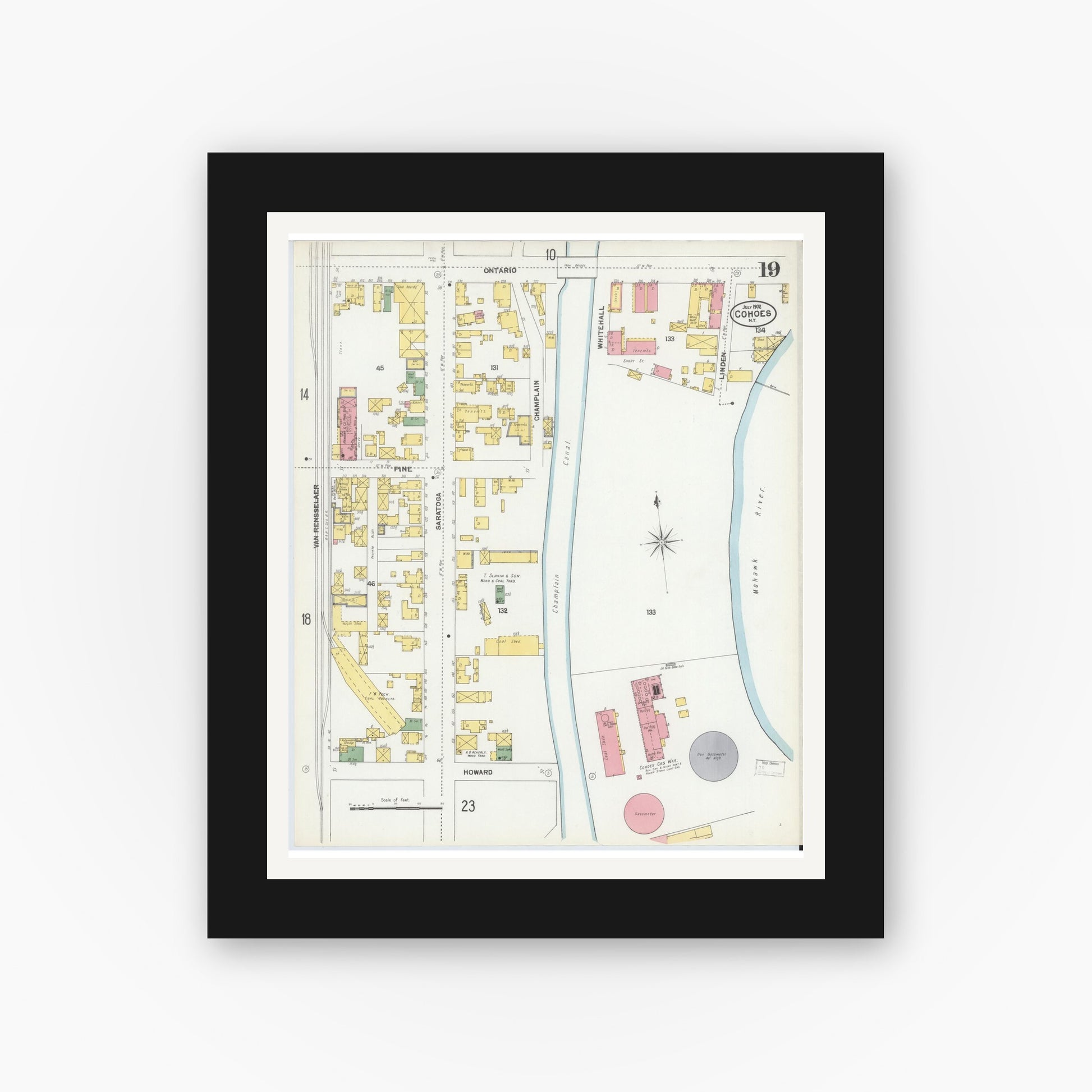 Old map wall art mockup — black gallery frame with white mat — Sanborn Fire Insurance Map from Cohoes, Albany County, New York (1902), Sheet #0019