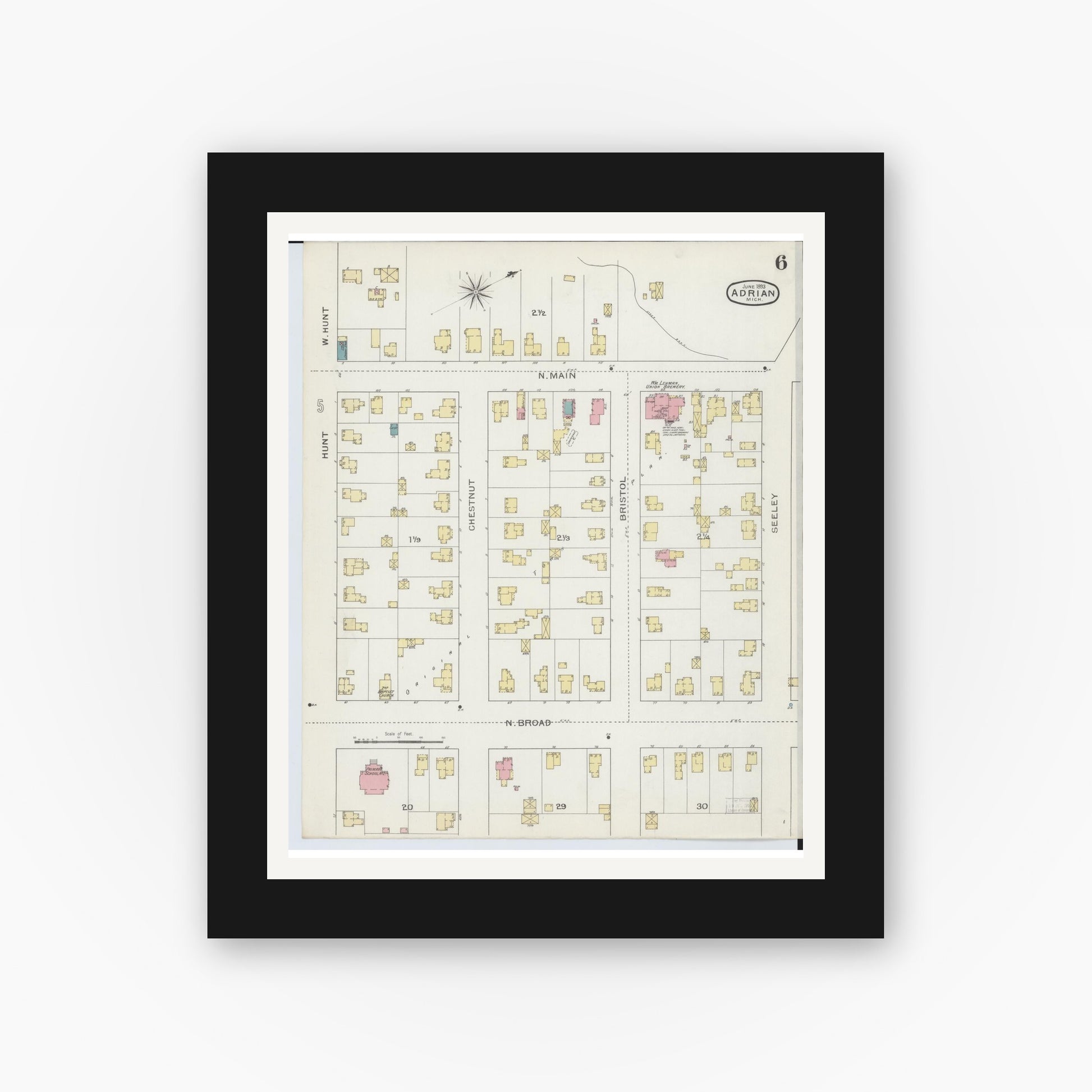 Old map wall art mockup — black gallery frame with white mat — Sanborn Fire Insurance Map from Adrian, Lenawee County, Michigan (1893), Sheet #0006