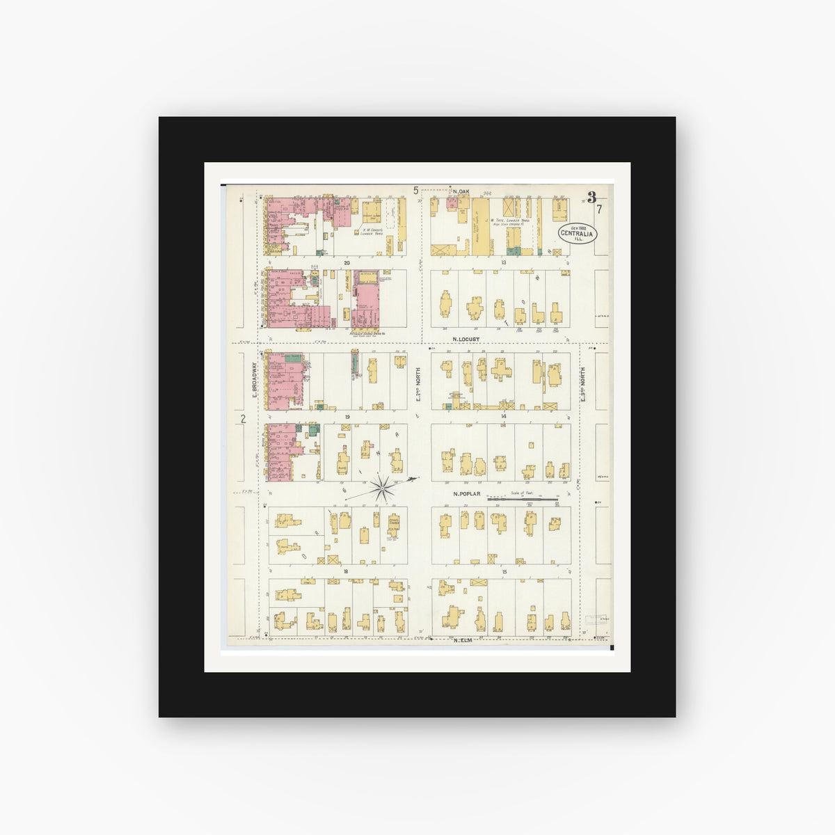 Old map wall art mockup — black gallery frame with white mat — Sanborn Fire Insurance Map from Centralia, Marion, Clinton, Jefferson, and Washington Counties, Illinois (1902), Sheet #0003