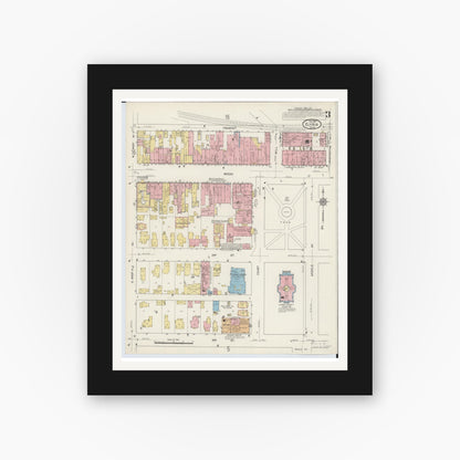 Old map wall art mockup — black gallery frame with white mat — Sanborn Fire Insurance Map from Elyria, Lorain County, Ohio (1915), Sheet #0003