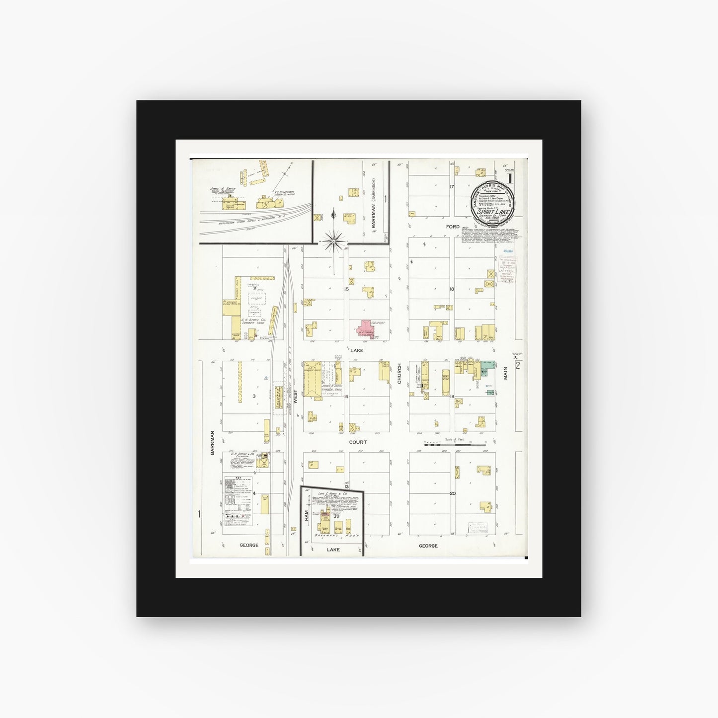 Old map wall art mockup — black gallery frame with white mat — Sanborn Fire Insurance Map from Spirit Lake, Dickinson County, Iowa (1900), Sheet #0001