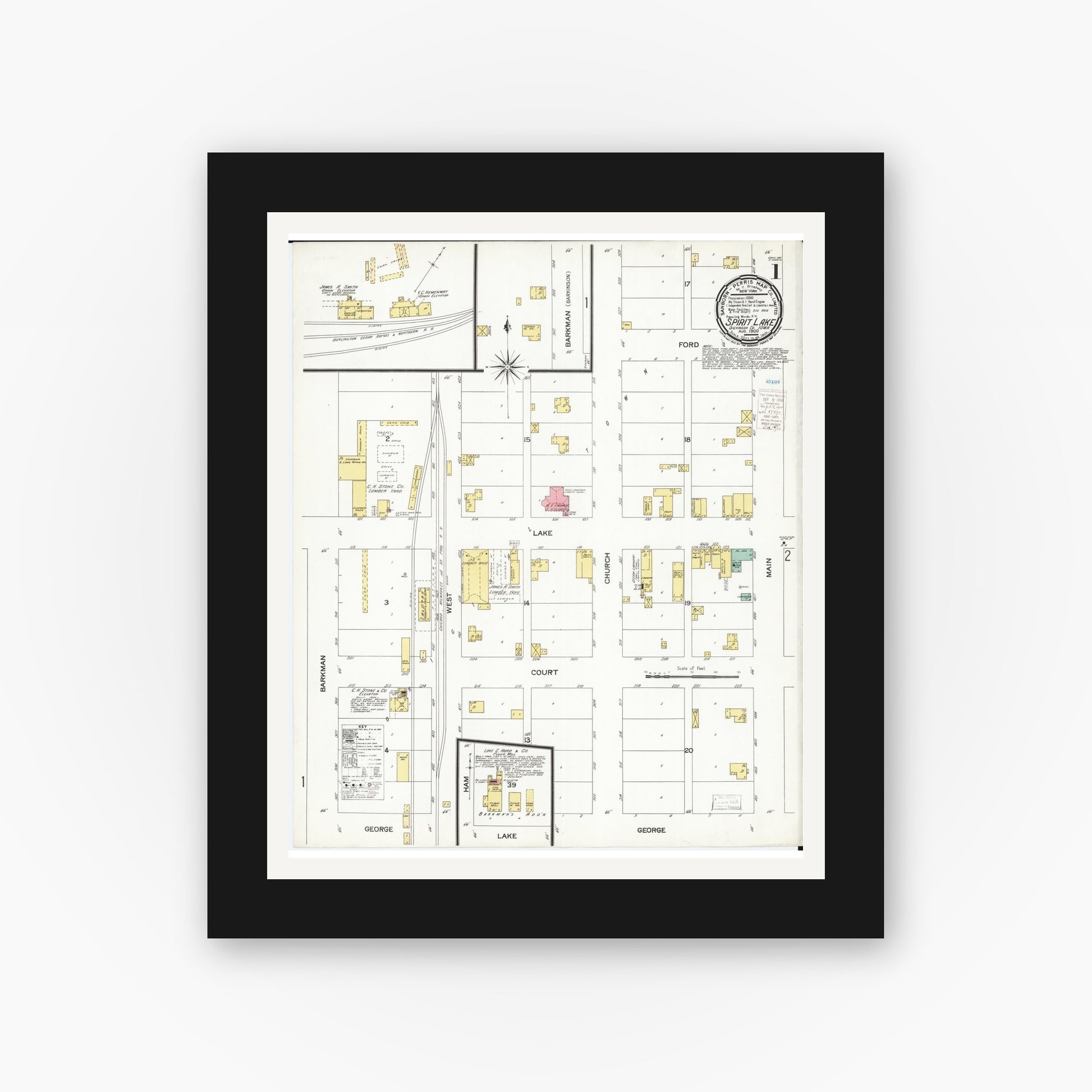 Old map wall art mockup — black gallery frame with white mat — Sanborn Fire Insurance Map from Spirit Lake, Dickinson County, Iowa (1900), Sheet #0001