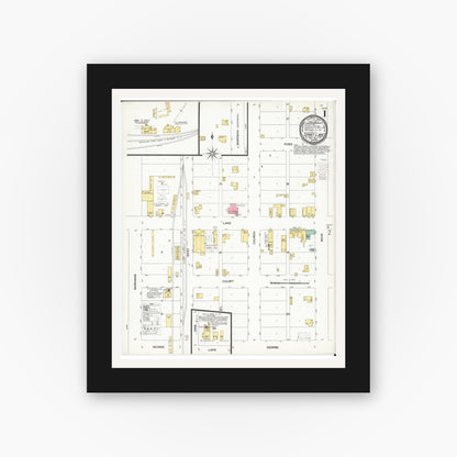 Old map wall art mockup — black gallery frame with white mat — Sanborn Fire Insurance Map from Spirit Lake, Dickinson County, Iowa (1900), Sheet #0001